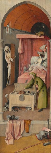 A naked man with ghostly white skin sits upright in a canopied bed set in a narrow room in this tall, vertical painting. Wearing a black cap, he looks to our left in profile toward a skeleton who comes through a door along the left edge of the composition. The man gestures at the skeleton with one hand and, with the other, toward a bag of money held up by a small demon next to the bed to our left. The skeleton wears a white shroud and holds an arrow. A winged angel kneels next to the man in the bed, one hand on the man’s shoulder and the other lifted to gesture at a crucifix hanging in the window over the door. A small devil on the canopy above looks down onto the bed. At the foot of the bed, a man wearing a green robe and headdress drops coins into a sack held by another demon. Three more demons crawl about and hide under the chest. Pieces of armor and weapons lie on the ground to the right in front of a stone ledge in the foreground. Two pieces of clothing drape over the ledge to our left.