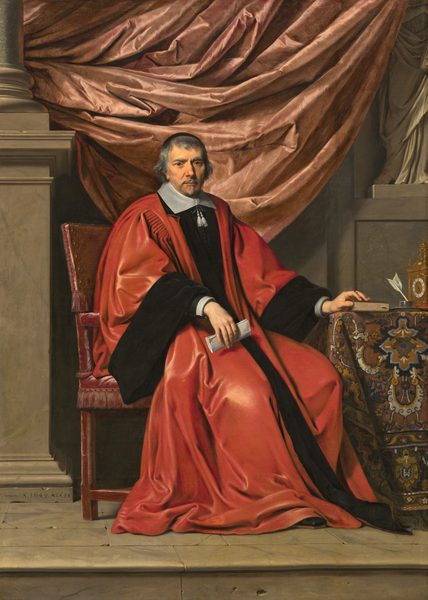 This painting shows a man seated on a red cushioned chair, his head turned toward us and his body facing slightly to the right, his hand resting on the corner of a table on the right. He has light skin, with a neatly trimmed gray mustache and pointed gray beard. His brown eyes look out at us, with his face is a neutral expression. His gray hair has a slight wave around his ears, and he wears a small black cap on the top of his head. He is wearing a red and black gown with wide sleeves, a white collar, and white cuffs. In his right hand, he holds a folded paper. His other hand rests on a closed book sitting on the table. The table is covered in a decorative cloth in shades of brown, black, white, blue, and gold, and next to the book is a white quill in a silver pot and an ornate golden clock. The background includes a large, draped curtain in a light pink color and a tall gray pillar on the left. A gray statue in a niche is partially visible in the top right corner.