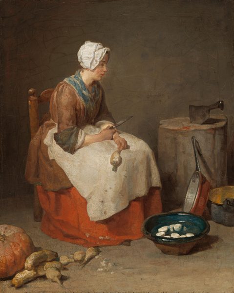 A young woman, holding a knife and vegetable in her lap and wearing a clay-brown jacket over a long, poppy-red skirt, sits on a wooden ladderback chair angled to our right in the center of this vertical painting. She has pale skin with cheeks and lips flushed deep pink. A white cap covers her upswept hair, and a sea-blue and tan neckerchief drapes around her neck. She hunches forward slightly and gazes to our right with parted lips. Her hands rest in her lap, and she holds a knife in her right hand and a white root vegetable in her left. Her lap is draped with an ivory-white cloth, speckled with tan spots that continue onto the hem of her red skirt and the floor. A copper-brown bowl with a flaring lip and a peacock-blue interior sits on the floor at her feet with several irregular white shapes lying inside, presumably peeled vegetables. To her left, our right, is a log-like section of a thick tree trunk with a cleaver embedded in it. The handle of a copper pan leans against the block. The bottom of that pan is propped up against a deep blue-gray bowl with a gold-colored interior. Light coming from the upper left gleams on the edges of the cookware and illuminates a spatter of tomato red on the surface of the chopping block. In the lower left, a handful of dirt-brown tubers are piled near an orange pumpkin or gourd, which is cut off by the edge of the painting. The floor and wall behind the woman are peanut brown washed with thin layers of slate blue. The artist signed and dated the painting in black on the wall above the chopping block, “Chardin 1738.”