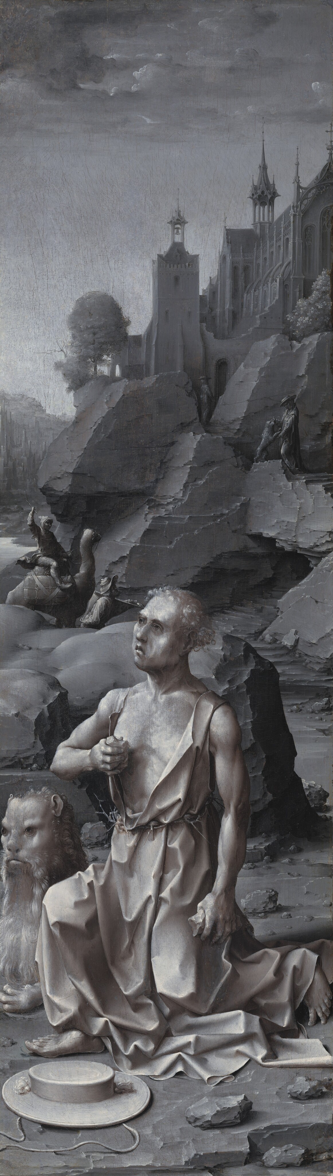 A man kneels, holding a rock to his bare chest, in a rocky landscape in this tall, vertical painting. The scene is painted entirely in white and gray. The man, Saint Jerome, takes up the bottom half of the narrow panel. He faces our left almost in profile and looks up and off in that direction. He is clean-shaven with rounded, sagging cheeks, deep-set eyes, and wispy, curly hair. A robe with deep, angular folds is open across his chest and puddles on the ground around his feet. He holds a rock to his chest with one muscular arm, and the other hangs by his side holding another rock. A flat-topped, wide-brimmed hat is on the ground in front of his knees, and a lion lies next to him, to our left. The lion’s features are flattened and rounded, with almost human eyes, mouth, and ears. A ridge of craggy boulders separates Saint Jerome and the lion from the landscape beyond. A man rides a camel next to a walking man on the far side of the ridge. The camel rider holds a whip up high, and the other man carries a basket on a long stick slung across one shoulder. A stony hill rises steeply in the near distance behind this pair. A church is cut from the rock there. On a rocky path leading to the church, the lion rests his front paws up on Saint Jerome like a dog expecting a treat. Here, Saint Jerome wears his hat and long robes. He appears again just to our left, approaching an arched door of the church. Spires and flying buttresses surround the church like lace. A river winds to another town in the deep distance to our left under a cloudy sky.