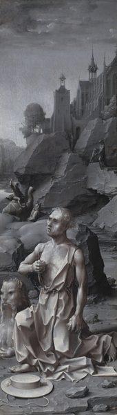 A man kneels, holding a rock to his bare chest, in a rocky landscape in this tall, vertical painting. The scene is painted entirely in white and gray. The man, Saint Jerome, takes up the bottom half of the narrow panel. He faces our left almost in profile and looks up and off in that direction. He is clean-shaven with rounded, sagging cheeks, deep-set eyes, and wispy, curly hair. A robe with deep, angular folds is open across his chest and puddles on the ground around his feet. He holds a rock to his chest with one muscular arm, and the other hangs by his side holding another rock. A flat-topped, wide-brimmed hat is on the ground in front of his knees, and a lion lies next to him, to our left. The lion’s features are flattened and rounded, with almost human eyes, mouth, and ears. A ridge of craggy boulders separates Saint Jerome and the lion from the landscape beyond. A man rides a camel next to a walking man on the far side of the ridge. The camel rider holds a whip up high, and the other man carries a basket on a long stick slung across one shoulder. A stony hill rises steeply in the near distance behind this pair. A church is cut from the rock there. On a rocky path leading to the church, the lion rests his front paws up on Saint Jerome like a dog expecting a treat. Here, Saint Jerome wears his hat and long robes. He appears again just to our left, approaching an arched door of the church. Spires and flying buttresses surround the church like lace. A river winds to another town in the deep distance to our left under a cloudy sky.