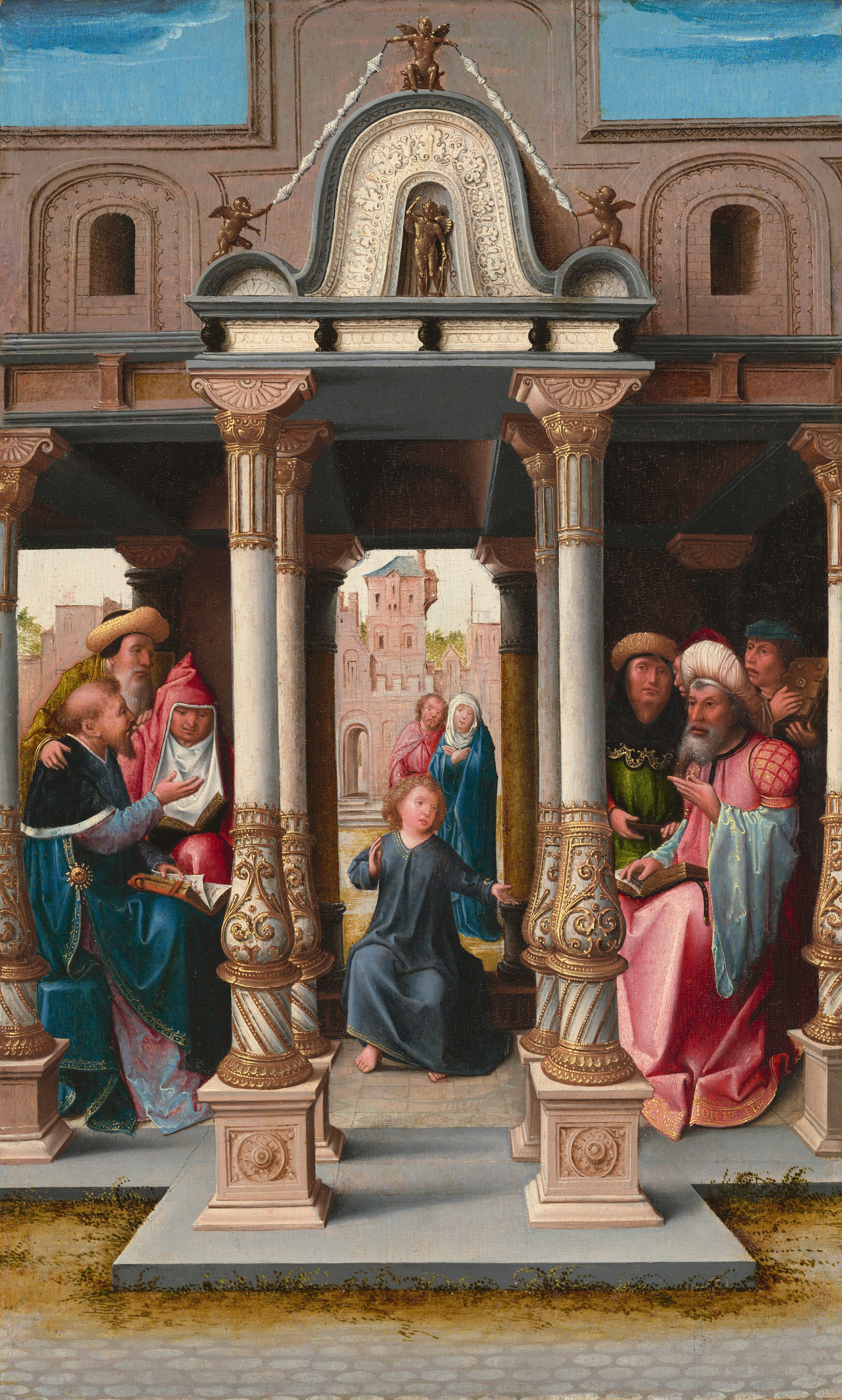 This painting shows several people in a columned structure outdoors. The structure includes thin white columns with intricate gold detailing, vaulted blue ceilings, and carved gray stone walls. Several small, gold, cherub-like figures are at the top of the structure in molded niches. In the center of the painting, a young child with shoulder-length, wavy, light brown hair is seated on a low ledge between the columns, gesturing with one hand outstretched and another near their chest. The child is barefoot and dressed in a dark blue gown, and they are surrounded by a group of older men. The men on either side are elaborately dressed, wearing a variety of turbans, hats, and hoods, along with colorful robes and tunics. Some of them hold books or scrolls and appear engaged in discussion, most of them looking towards the child. Behind the child, a man and a woman stand together, looking towards the group. The man has brown hair and a brown beard and wears a pink tunic with a pink cloak, and the woman wears a blue dress and cloak with a white cloth over her hair, her hands crossed over her chest. Behind them appears to be a pale pink castle with railings and towers, green leaves peeking out from behind it. The sky in the center is light gray, but at the top of the painting it is a rich blue.”