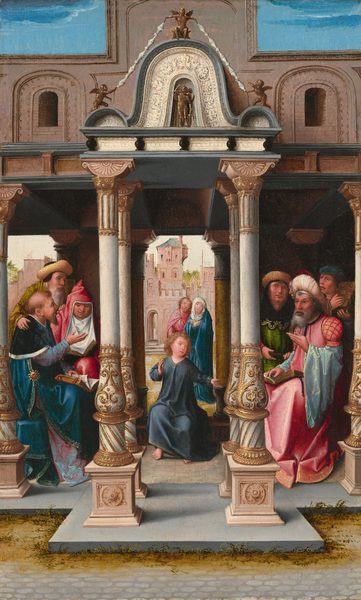 This painting shows several people in a columned structure outdoors. The structure includes thin white columns with intricate gold detailing, vaulted blue ceilings, and carved gray stone walls. Several small, gold, cherub-like figures are at the top of the structure in molded niches. In the center of the painting, a young child with shoulder-length, wavy, light brown hair is seated on a low ledge between the columns, gesturing with one hand outstretched and another near their chest. The child is barefoot and dressed in a dark blue gown, and they are surrounded by a group of older men. The men on either side are elaborately dressed, wearing a variety of turbans, hats, and hoods, along with colorful robes and tunics. Some of them hold books or scrolls and appear engaged in discussion, most of them looking towards the child. Behind the child, a man and a woman stand together, looking towards the group. The man has brown hair and a brown beard and wears a pink tunic with a pink cloak, and the woman wears a blue dress and cloak with a white cloth over her hair, her hands crossed over her chest. Behind them appears to be a pale pink castle with railings and towers, green leaves peeking out from behind it. The sky in the center is light gray, but at the top of the painting it is a rich blue.”