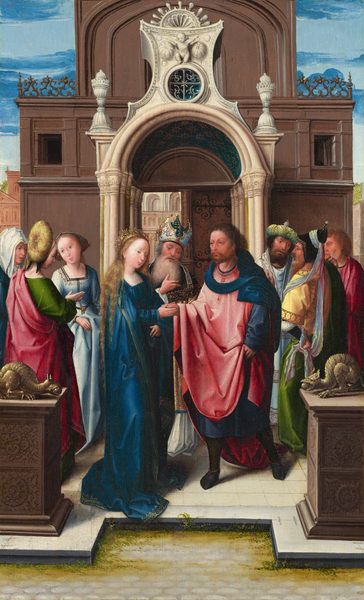 This is a painting of a scene depicting a ceremonial event with architectural features in the background. The painting shows a gathering of people in elaborate and colorful garments. The central woman, clad in a long blue dress with a golden crown over her long blonde hair, is holding hands with a man on the right in a red-pink robe. An ornate building with arched and intricate elements serves as a backdrop. The architectural design includes columns and intricate stonework under a bright blue sky. On either side are more people dressed in a mix of robes, all looking at the central couple.