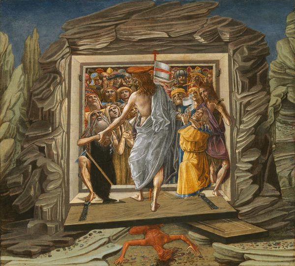 A haloed man with his back to us approaches a crowd gathered in a crate-like box unexpectedly set into a rocky landscape in this square painting. The central man, Jesus, is covered with a white cloth across one shoulder and both hips, and he carries a white banner marked with a red cross. He is barefoot as he steps on the opening to the box, which is hinged along the bottom edge. The door has crushed a wild-haired demon with red-colored skin against the pebble-strewn ground below. More than two dozen men and women of all ages are crowded into the box, their round faces tipped back and looking toward Jesus. All the people have pale skin. Jesus reaches out his left hand to hold the wrist of a man with a long white beard and hair, who kneels to the left. This kneeling man wears a dark, fur-like garment, and a hoe is hooked across his bent knee. Jesus holds the hand of a second man, who also kneels, to our right. This man wears a canary-yellow robe edged in blue, and he grips Jesus’s wrist with his second hand. A man wearing a purple toga over another fur-like garment stands behind. The box-like structure is set within a massive, striated boulder. More rocky cliffs rise to each side of the central form, and the sky above is sapphire blue.