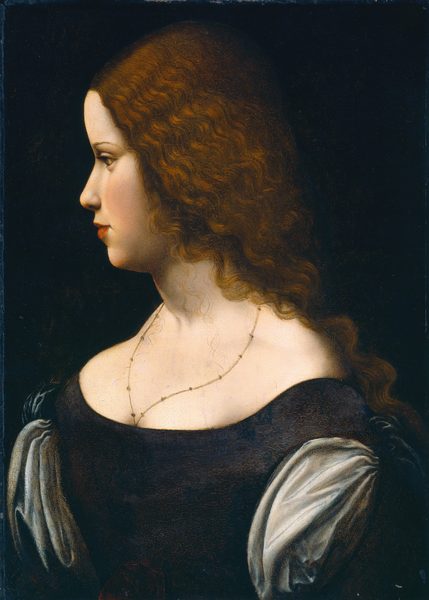 Shown against a black background, the head and shoulders of a young lady with pale, peachy skin and long, wavy brown hair fill this vertical portrait painting. The woman faces our left in profile and she looks off in that direction with light brown eyes, her head tipped slightly forward. Her skin is smooth and her full cheeks are lightly flushed. The eyebrow we can see is thin and arched. She has a small, straight, rounded nose and her full terracotta-red lips are closed. Her hair is gathered back over her shoulders, but a few fine, curling tendrils fall over her chest. She wears a thin necklace that disappears into the cleavage of her low-cut, navy-blue bodice, which has sky-blue, puffed sleeves. The back of her head is lost in shadow against the dark background.