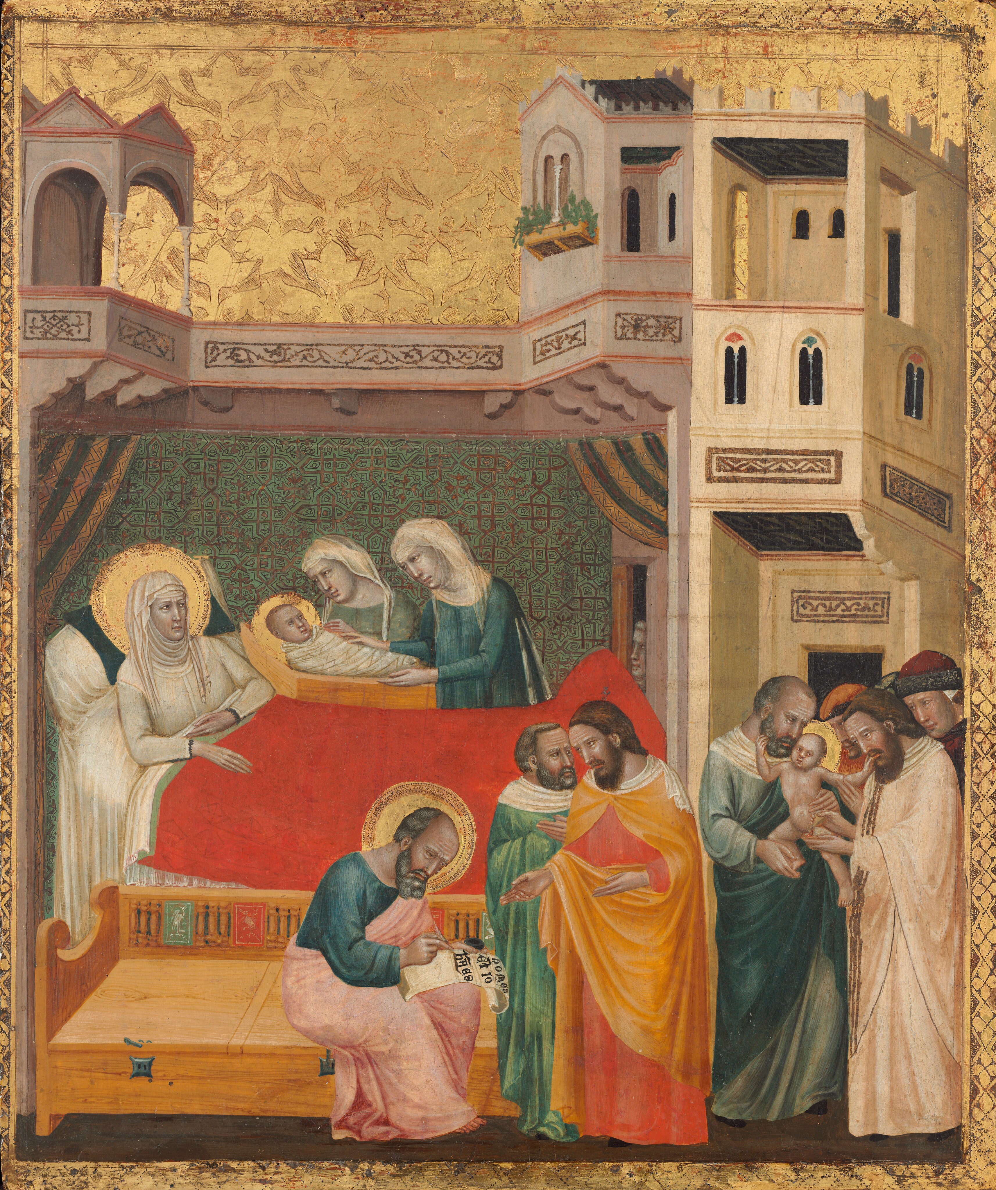 About a dozen women, babies, and men gather in small groups across interior spaces with a bedroom to one side and a covered space to the other in this vertical panel painting. The women have nearly white-colored skin, and the men and children have pale skin, sometimes tinged with gray. The bed spans the left two-thirds of the composition. A woman lies under a vibrant red coverlet and white sheets pulled up to her chest. A white veil covers her head, forehead, and neck, and she wears a white, long-sleeved gown. Her shoulders rest up on pillows, and her head is surrounded by a shiny gold halo. A pale face by the woman’s feet looks through an opening at the base of the bed. Two women on the far side of the bed wear green or blue dresses and white head coverings. They both attend to a swaddled blond baby, who also has a gold halo. The wall behind the bed is patterned with an intricate geometric design in grass green and brown. The space above the bed is shiny gold punched with a leafy pattern. The wall is capped with an entablature held up with corbels. A balcony space rises to the left, and a structure with arched openings is to our right. A deep bench runs parallel to the bed along the bottom edge of the painting, closer to us. A balding man with a gray beard sits there and writes, brows deeply furrowed, on a scroll braced on one knee. If complete, writing on the scroll would read “NOMEN EST IOHANNES.” He wears a blue robe under a pale pink cloak, and he has a halo. A man standing just to our right of the seated man gestures toward the first with both hands. This second man has a brown beard and long hair and wears a marigold orange cloak over red robes. A bearded man with gray hair standing behind him wears leaf green and looks to our right. Four men and a haloed baby crowd in the covered space to our right. The man wearing green is shown again, now holding the nude baby. The man with brown hair now wears white vestments and cuts foreskin of the baby’s penis. Two other two men look on, and a sliver of an orange cap indicates that a fifth person is at the back of the crowd. The covered space is ivory-white and has a balcony above the taller, lower level. The whole panel is edged by gold patterned with a clover-like design.