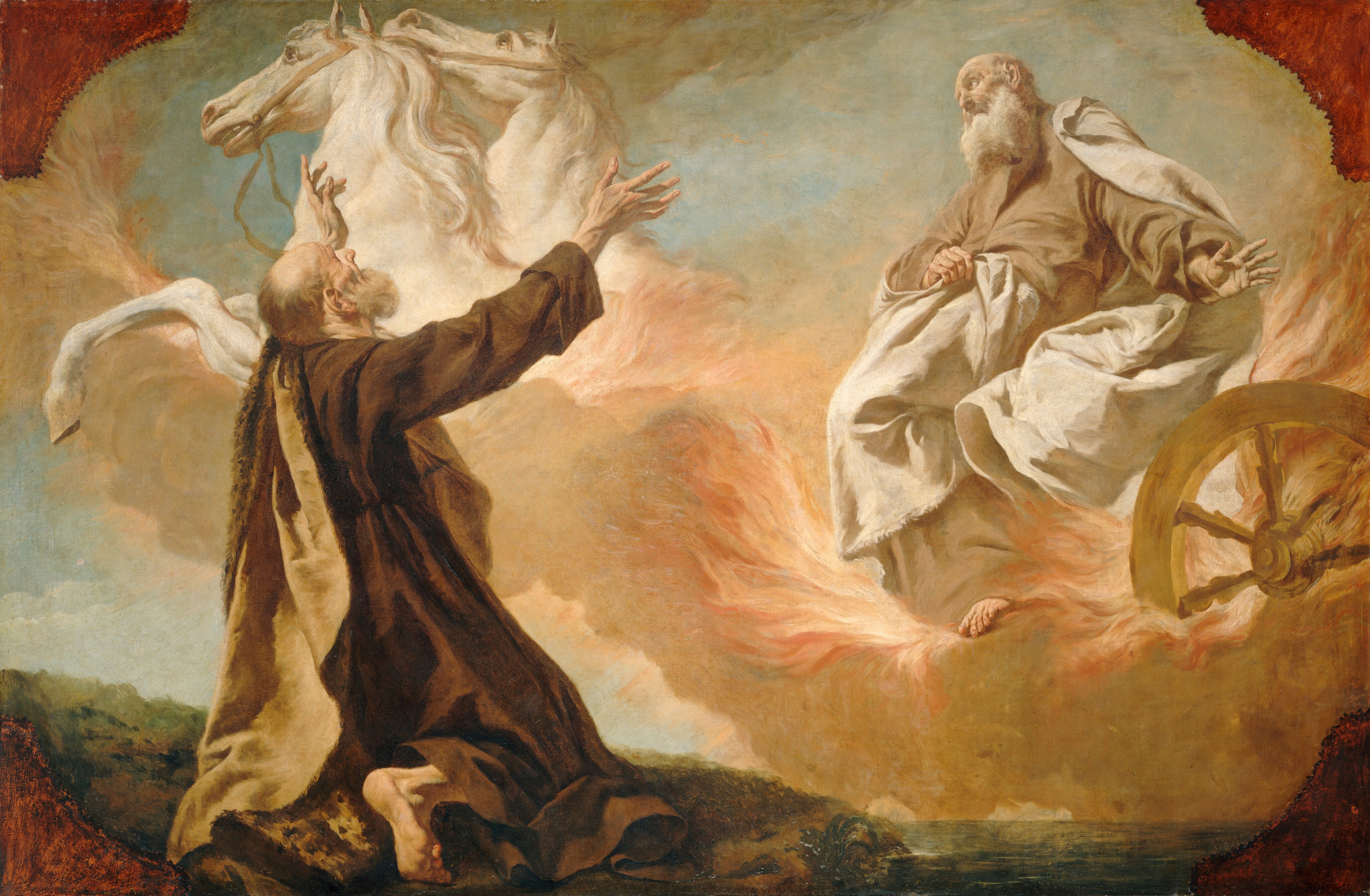 An elderly man kneels and leans back with his arms spread wide as he gazes up at another older man sitting in a chariot made of flames and pulled by white horses, which are held aloft by fawn-brown, puffy clouds, in this horizontal painting. Both men have pale skin and are partially bald with full beards. To our left, the kneeling man is mostly turned away from us, so we see the back of his ash-blond hair, a deeply furrowed brow, and a hooked nose. His head tips back and his mouth hangs open. He wears a long, mahogany-brown robe with a flax-yellow mantle draped over his left shoulder. One bare foot emerges from under the hem of the robe so we see the bottom of his foot, and his toes dig into the rock on which he kneels. The rock is painted with strokes of amber brown and sage, olive, and pine green, and it slopes down to a blue-green sea in the lower right corner of the painting. The man in the chariot, Elijah, is positioned across from the first man, to our right. With his body facing the kneeling man, Elijah turns his head to look up to the light streaming in from the upper left corner. Elijah’s right hand, on our left, grasps the white mantle wrapped around his tan robe, while the other hand extends to our right with fingers spread wide. A gold, spoked chariot wheel sits below that hand, facing us. Pale coral-peach flames curl around the wheel and flicker around Elijah’s legs. The flames continue to our left, blending into the bodies of the two muscular, white horses who climb the bank of sand-colored clouds that support the entire chariot. Each corner of the canvas has an inward curving, burnt-orange form, like mounting corners holding a photograph in an album.