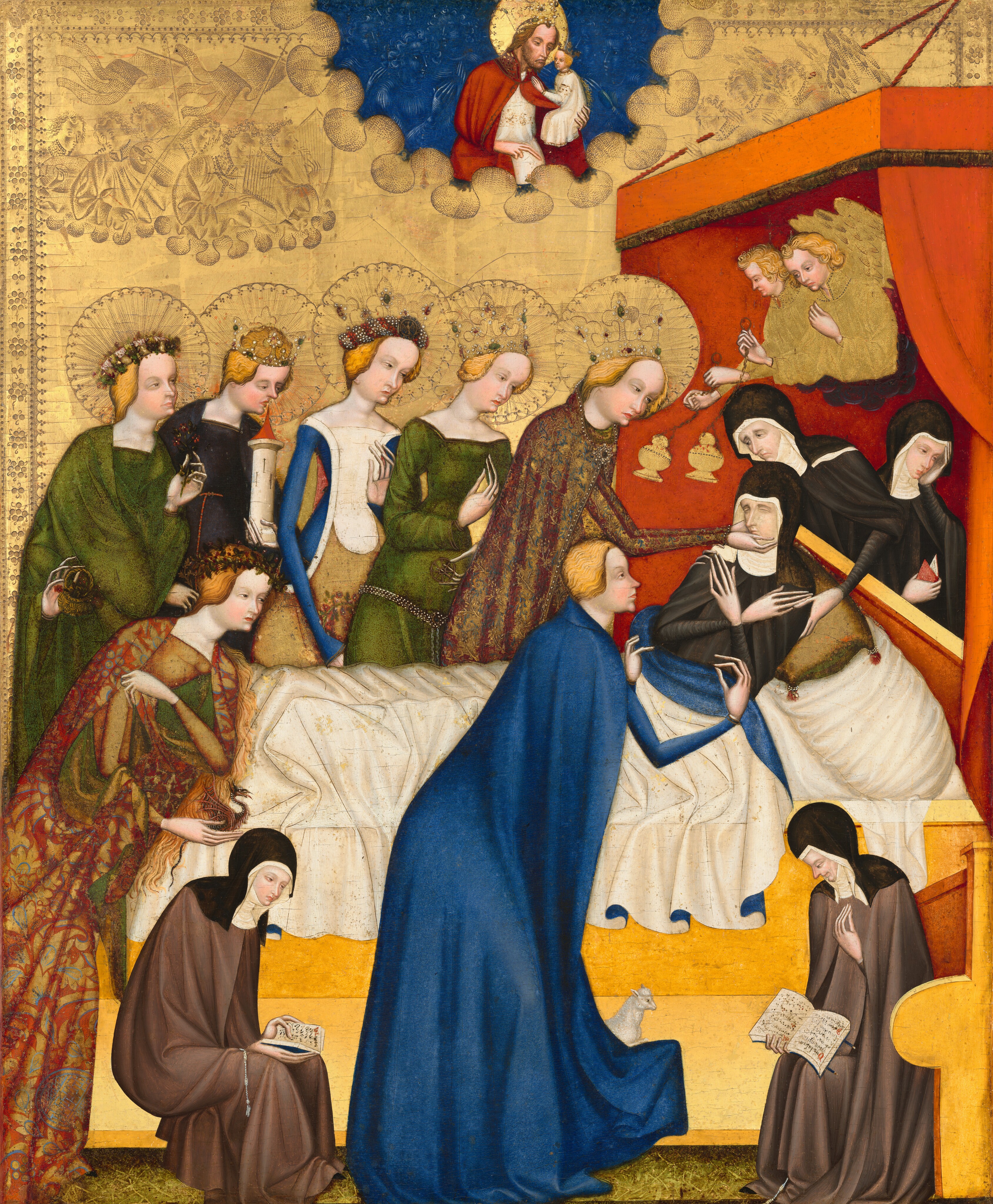 A dozen people surround a woman reclining in a bed in front of a gleaming gold background in this vertical painting. All the people have pale skin. Red curtains drape from a shallow awning hanging over the head of the bed to our right, and the foot of the bed almost reaches the left side of the panel. The woman on the bed, Saint Clare, lies back against pillows with her hands crossed over her chest and her eyes closed. A white cloth covers her body from the waist down. She and two women attending to her from behind the head of the bed wear nun’s habits with black robes and head coverings over high-necked white collars. A row of five women line up along the far side of the bed, looking at Saint Clare. They all have blond hair, pointed noses and rounded cheeks, and they all have crowns surrounded by halos, which have been punched into the gold leaf background. Their dresses are in shades of vivid blue, forest green, white, or burgundy red and gold. Each holds a different object, including one with what looks like the model of a castle tower and another a small basket of flowers. The woman closest to Saint Clare holds the nun’s face in her hands. On our side of the bed, two more blond women kneel and lean onto the bed. One near the foot of the bed wears a maroon-red and gold brocade robe and holds a tiny dragon. The other kneels near Saint Clare, wearing royal-blue robes, and is accompanied by a minuscule sheep. Two smaller, seated women flank the woman in blue on our side of the bed. They are about half the size of the other people, and they wear nun’s habits but with gray robes rather than black. Both look at open books in their laps. Two blond, winged angels hover within the awning over Saint Clare’s head swinging incense burners. A bearded, haloed man in a blue field at the top center of the panel and holds a tiny, crowned person, and looks down at Saint Clare. The gold background is punched and incised with a decorative band at the inner edge of the panel, and also to create regiments of musicians and winged angels along the top quarter of the composition.