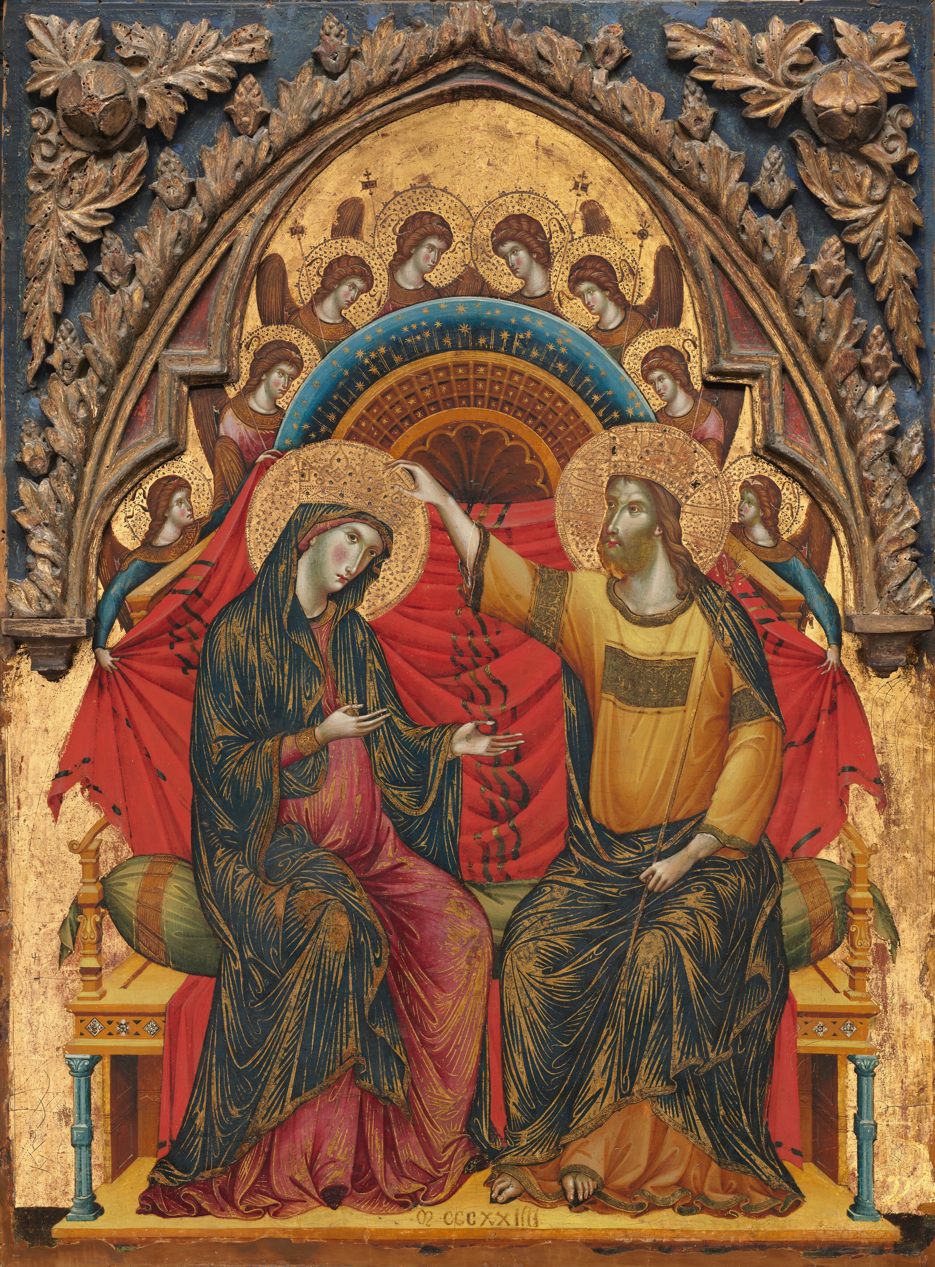 Against a gold background, a man places a crown onto a woman’s head as they sit side-by-side on a wide throne surrounded by winged angels in this vertical painting. The arched area over the throne comes to a point, and is carved with leaves around the arch. The three-dimensional leaves are painted gold against the ocean-blue background. All the people and angels have pale skin with a greenish cast, though their cheeks are blush pink. They all have dark eyes, long, straight noses, and their small red mouths are closed. They all have long, wavy, blond hair except for the woman, Mary, whose head is covered. The flat gold halos around every person and angels’ heads are punched with clusters of three dots. The man, Jesus, sits to our right on the throne and looks toward Mary as he places a crown on her bowed head with one hand. He holds a long staff in his other hand, which rests in his lap. His hair falls around his shoulders, and he wears a gold-trimmed, buttercup-yellow robe under a lapis-blue cloak that wraps over one shoulder and across his lap. The woman looks at us while holding both hands up to gesture toward Jesus. She wears a rose-pink dress under a blue mantle, which drapes over her head, shoulders, and arms. Her mantle and Jesus’s robe are painted with gold lines to indicate folds. One shoe peeks out from under Mary’s hem, and Jesus’s feet are bare. They both sit on an olive-green cushion on the gold throne. The eight angels are spaced over the throne, and are smaller in scale, about half the size of Mary and Jesus. Each looks across toward the others, and they wear robes of rose pink, lapis blue, or forest green. The round neckline of each has a wide gold band, and many hold long staffs. Two angels hold up a ruby-red cloth behind Mary and Jesus, and the back of the throne curves in a half moon above the cloth. The half moon has a shell design at the center and is painted with gold stars against a cobalt-blue background along the top, curving edge. The roman numerals “CCCXXIIII” are painted on the base of the throne, near Jesus’s feet.