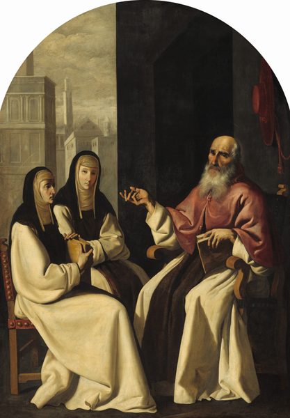 This painting shows three people sitting together. Two individuals on the left are women, likely nuns, with light skin, wearing black habits over tan head coverings and long-sleeved white robes. One of the women holds a book. The person on the right is an older man with light skin and a white beard, wearing a light red cloak over a long white robe. He holds a book and gestures towards the women. In the background on the left, there is a tan cityscape with buildings and a cloudy sky. On the right is a dark wall with a red hat hanging behind the man. The top of the painting is curved.
