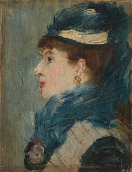 This painting shows a view of a woman's head and shoulders in profile. The woman is facing left, with her eyes forward. She has fair skin, a sharp nose, rosy cheeks, and red lips, and is wearing small gold hoop earrings. She has long brown hair and wears a decorative blue and beige hat. Blue fabric or feathers appear to wrap around the top of the hat and trail behind her head, down her shoulders, and on to her chest. Beneath this blue fabric she wears a light-colored, patterned garment with dark sleeves. The background is a textured, muted blue color. The brushstrokes in the painting are thick and visible, especially in the background and on her clothes.
