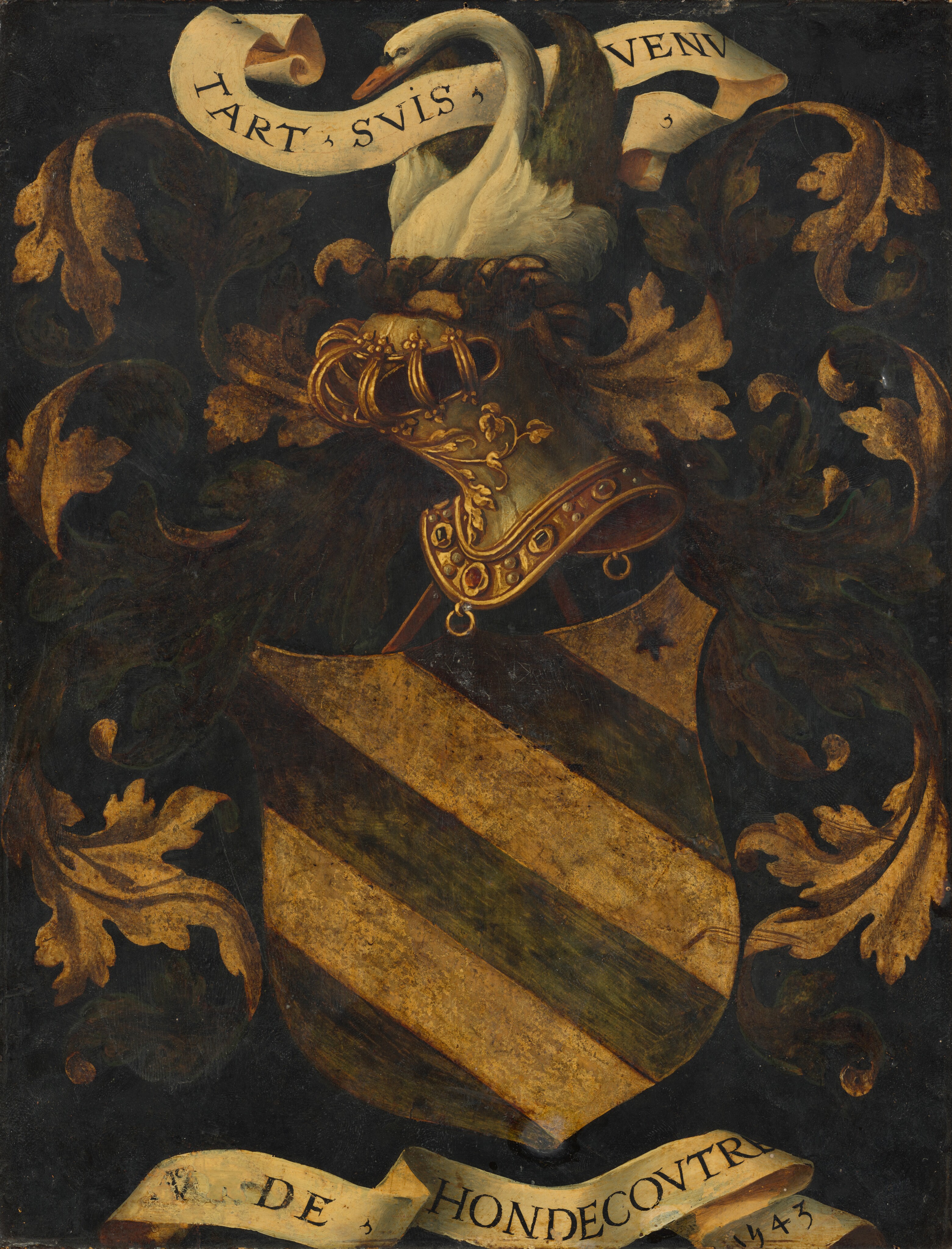 This is a painting of a heraldic coat of arms with a helmet and swan motif at the top. The painting prominently features a shield with diagonal stripes in black and gold tones. Atop the shield is an ornate silver helmet adorned with decorative golden flourishes. Seated above the helmet is a white swan. A scroll bearing the phrase "TART SVIS VENV" twists behind the swan, while another scroll at the base of the painting reads "DE HONDECOVTRE" along with the date "1543." The rest of the painting features elaborate leaf motifs in golden yellow and dark gray on the black background.