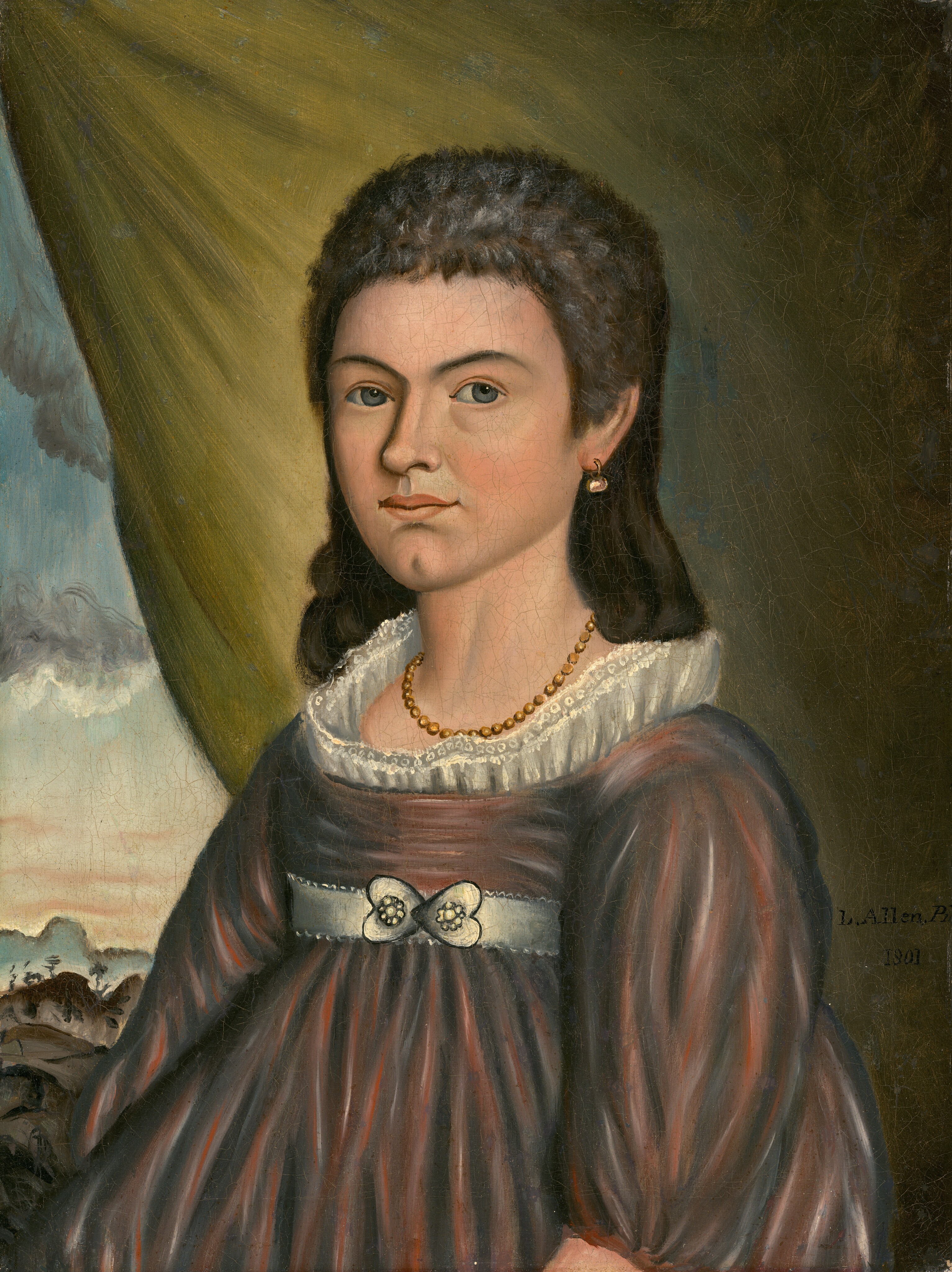 The image shows a portrait of a person facing the viewer with a neutral expression. The individual has dark curly hair, high-arched eyebrows, large eyes, and a pointed chin. They wear a long-sleeved dress with a high lace collar, a decorative bow with a floral pattern, simple pearl earrings, and a small bead necklace. In the background, there is a green curtain and a pastel-colored landscape with soft clouds and a gentle scene.