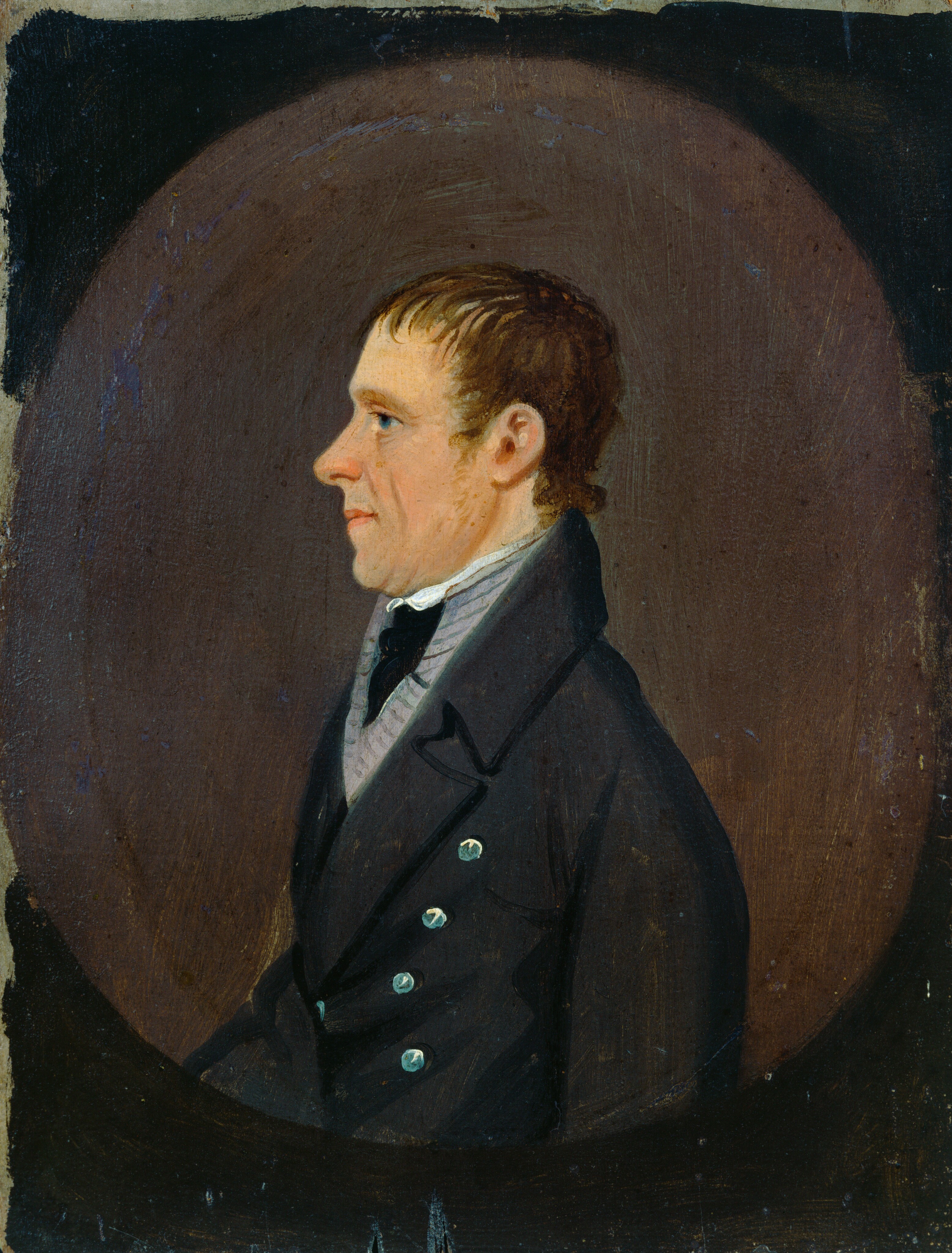 This portrait depicts a man in profile view with his right side facing the viewer. The man has short, brown hair, a slightly receding hairline, a prominent nose, fair skin, and a clean-shaven face. He is wearing a dark coat with metal buttons, a high-collared white shirt, and a black cravat. The background is a simple, dark, oval-shaped area. There are no visible jewelry or additional objects in the painting.