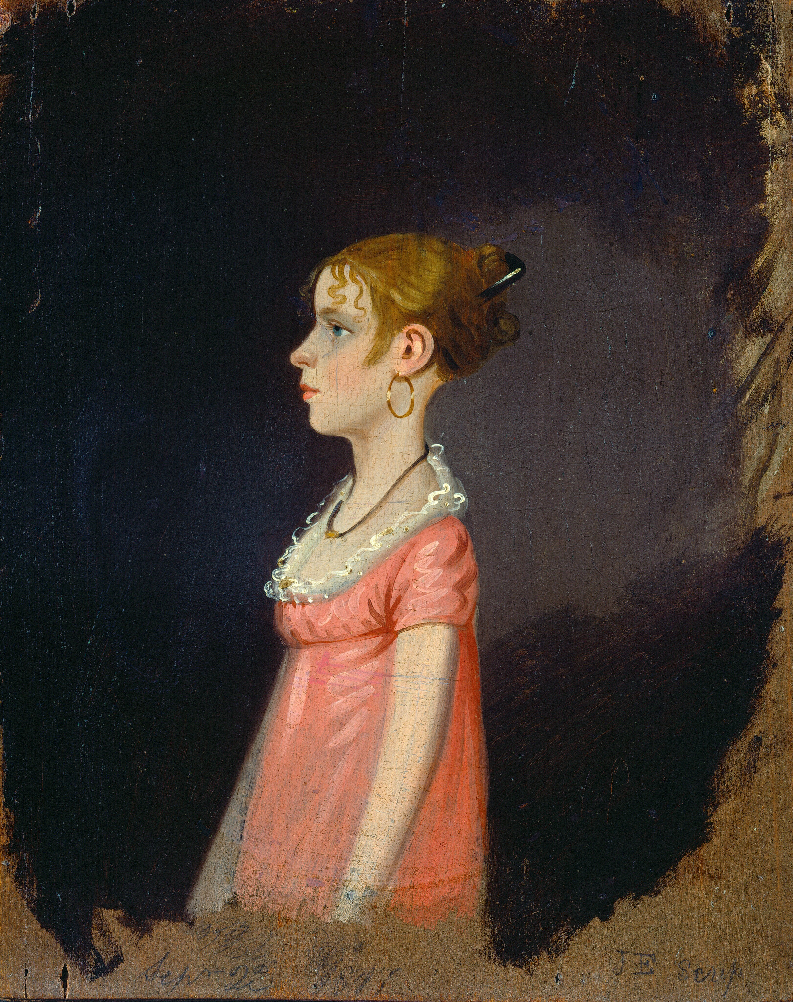 The image depicts a young woman's upper body in profile view. She is standing sideways, facing left with her gaze directed forward. She has a fair complexion, a prominent nose, and curly bangs framing her face. Her hair is styled up, secured with a hairpin. She is wearing a pink dress with short sleeves and a white lace collar. Additionally, she wears a black necklace and gold hoop earrings. The background is deep brown to black, gradually fading towards the edges, highlighting the figure. The canvas shows visible wear and rough textures.