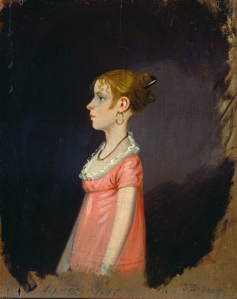 The image depicts a young woman's upper body in profile view. She is standing sideways, facing left with her gaze directed forward. She has a fair complexion, a prominent nose, and curly bangs framing her face. Her hair is styled up, secured with a hairpin. She is wearing a pink dress with short sleeves and a white lace collar. Additionally, she wears a black necklace and gold hoop earrings. The background is deep brown to black, gradually fading towards the edges, highlighting the figure. The canvas shows visible wear and rough textures.