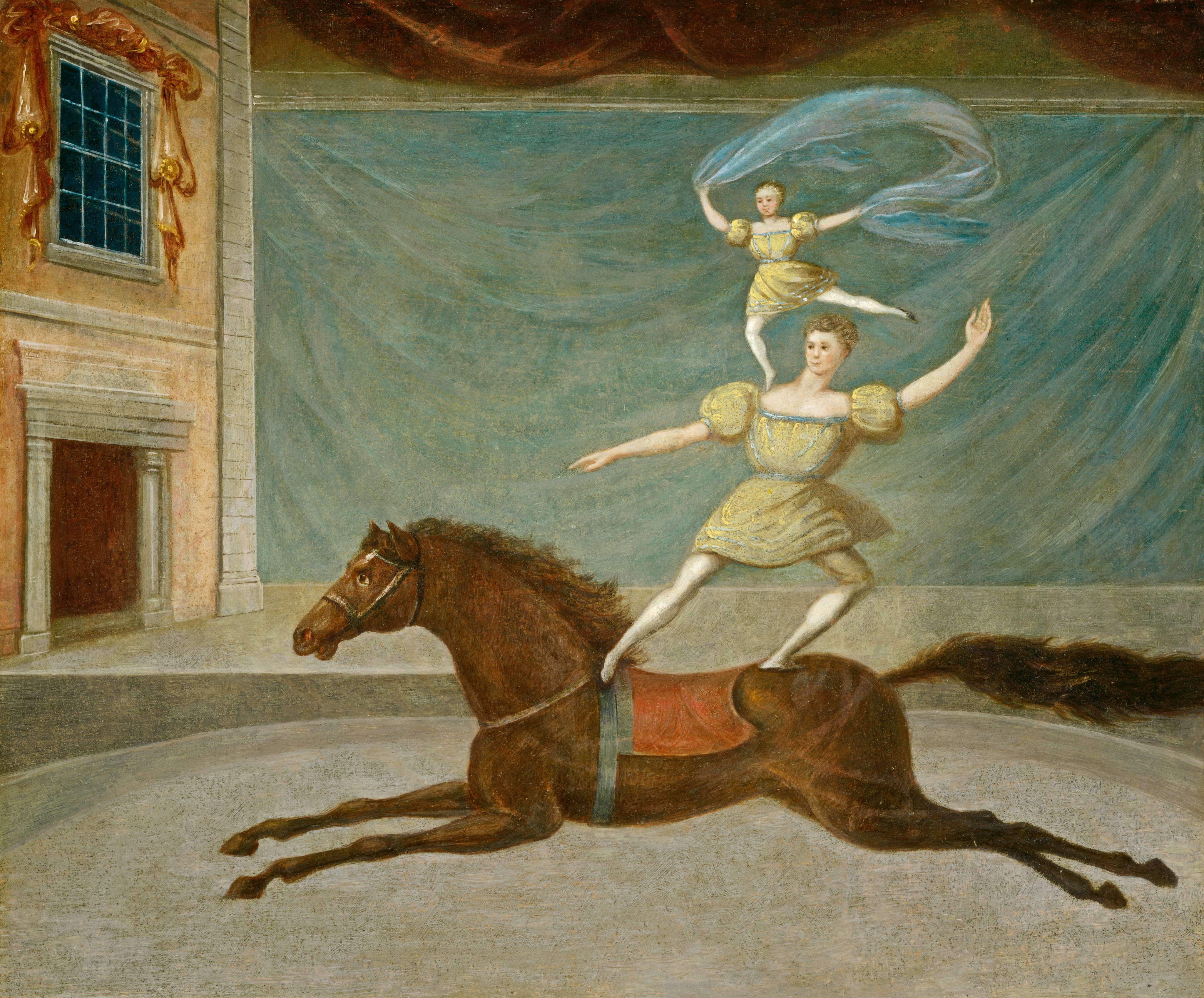 This painting depicts two people balancing on a running horse. The horse is mid-gallop, heading to the left, with a red cloth on its back and a silver halter on its face. It is a rich brown color, with a short mane. Standing on its back is a person with short, curly blond hair and pale skin, wearing a pale-yellow tunic or dress with puffy sleeves, silver embellishments, and white tights. They are standing with one arm extended to the side and the other raised, and one of their legs is slightly bent. On their shoulder stands a much smaller person with the same skin, hair, and pale-yellow costume. This person has one leg extended outward, and they are holding a blue fabric in both hands which twists through the air. The background shows an indoor setting, with teal fabric hung below red drapes, and on the left is the front of a building with peach walls. The floor is gray, and slopes slightly downward on the left and right.