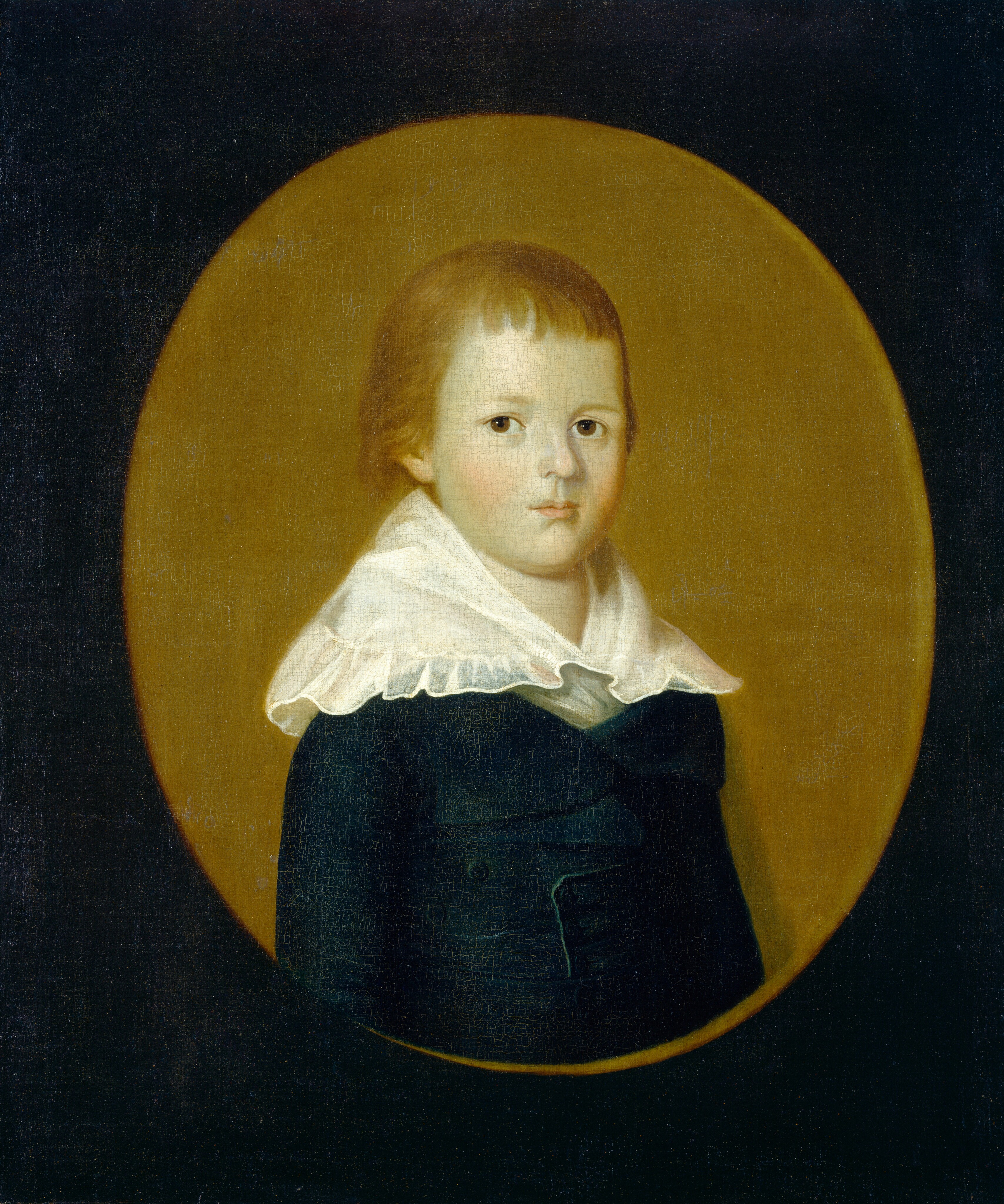 The image displays the upper half of a young child's body from the waist up, in a straightforward pose looking slightly to the left of the viewer. The child has a smooth, youthful complexion, full cheeks, and lips, with evenly spaced eyes. The hair is light brown, fine, and falls straight and short. The child wears formal dark blue or black attire with a white, frilled collar. The background is a simple, solid color within an oval shape, with a gradient that lightens towards the center, focusing on the child. The setting has an old-world style, reflecting simplicity and restraint seen in classical portraits.