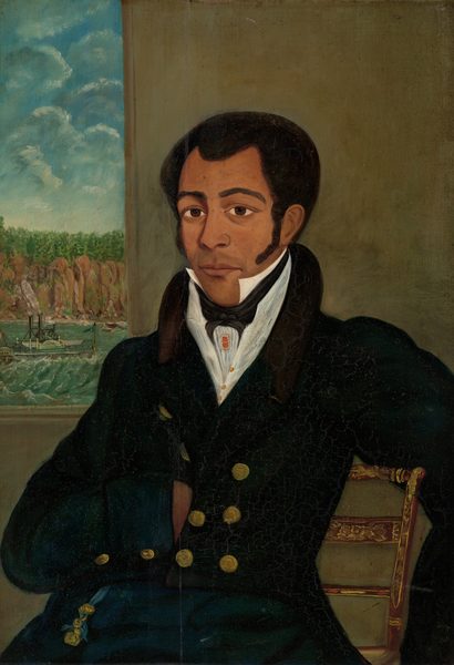 This painting depicts a man seated in a chair and facing forward, with his head slightly turned to the left. He has light brown skin, short black hair, prominent sideburns, and brown eyes, with his face is in a neutral expression. His left arm rests over the back of the gilded wooden chair he sits in, and his right hand is tucked into his suit jacket. He is dressed in a black coat with large gold buttons running down the front and on the cuffs. Under the coat is a stiff white collar and a black kerchief or tie, as well as a square orange gem set in gold. The background is mostly a gray-green wall, but on the left side there is a thin vertical window showing a view of a green river with a steamboat on it and rocky red cliffs covered in green trees under a cloudy blue sky.