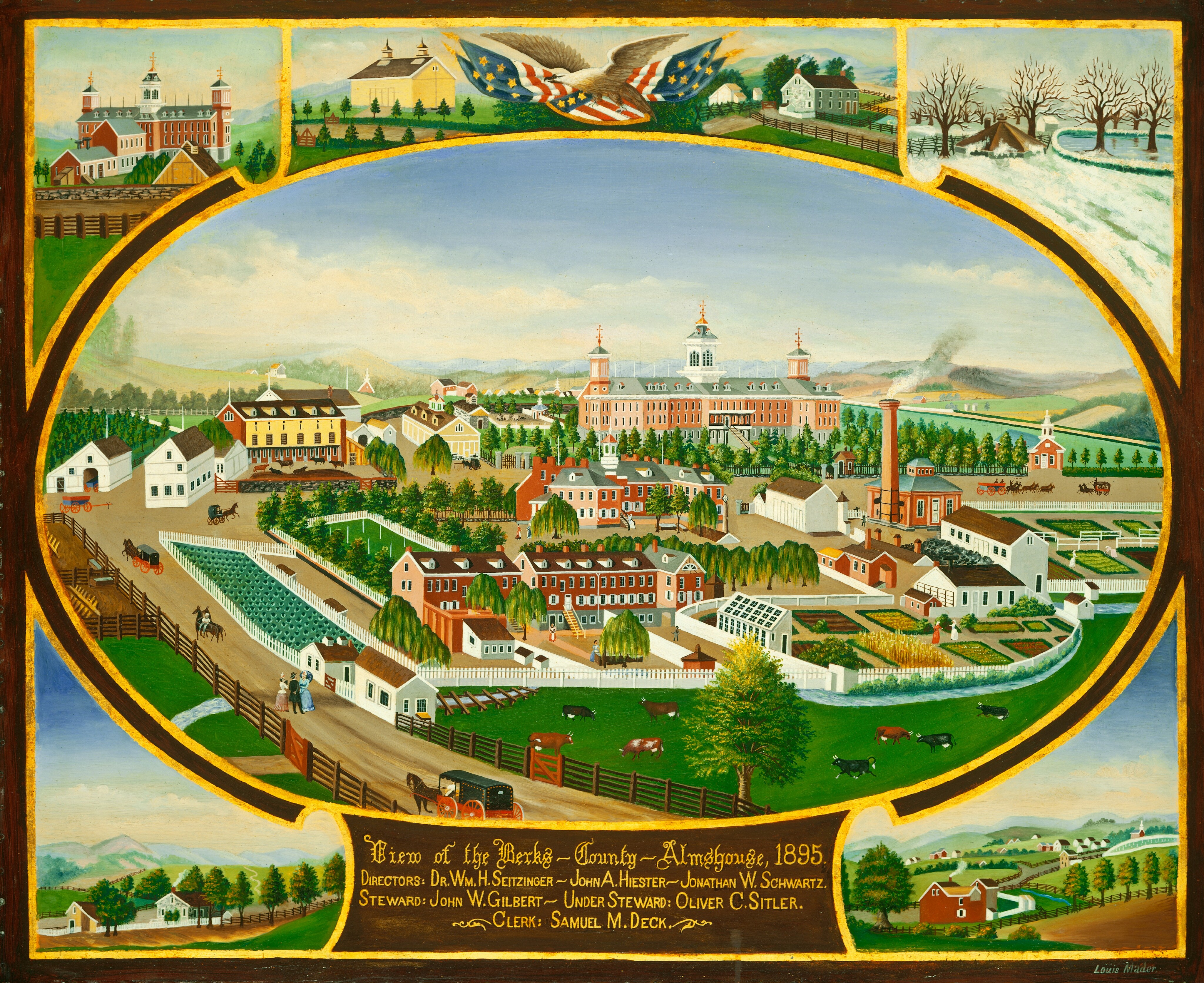 The image shows a bird's-eye view of a pastoral community with a central large building complex surrounded by lush greenery and small structures. The horizon is high, displaying rolling hills and a light-filled sky. The brushstrokes are detailed, highlighting symmetrical trees, fields, and buildings. The color palette includes greens, reds, browns, and soft blues, accented by white picket fences and an American flag. Horse-drawn carriages and small figures are visible, and smoke rises from a chimney in the distance. Vignettes around the border show additional buildings and scenes linked to the community.