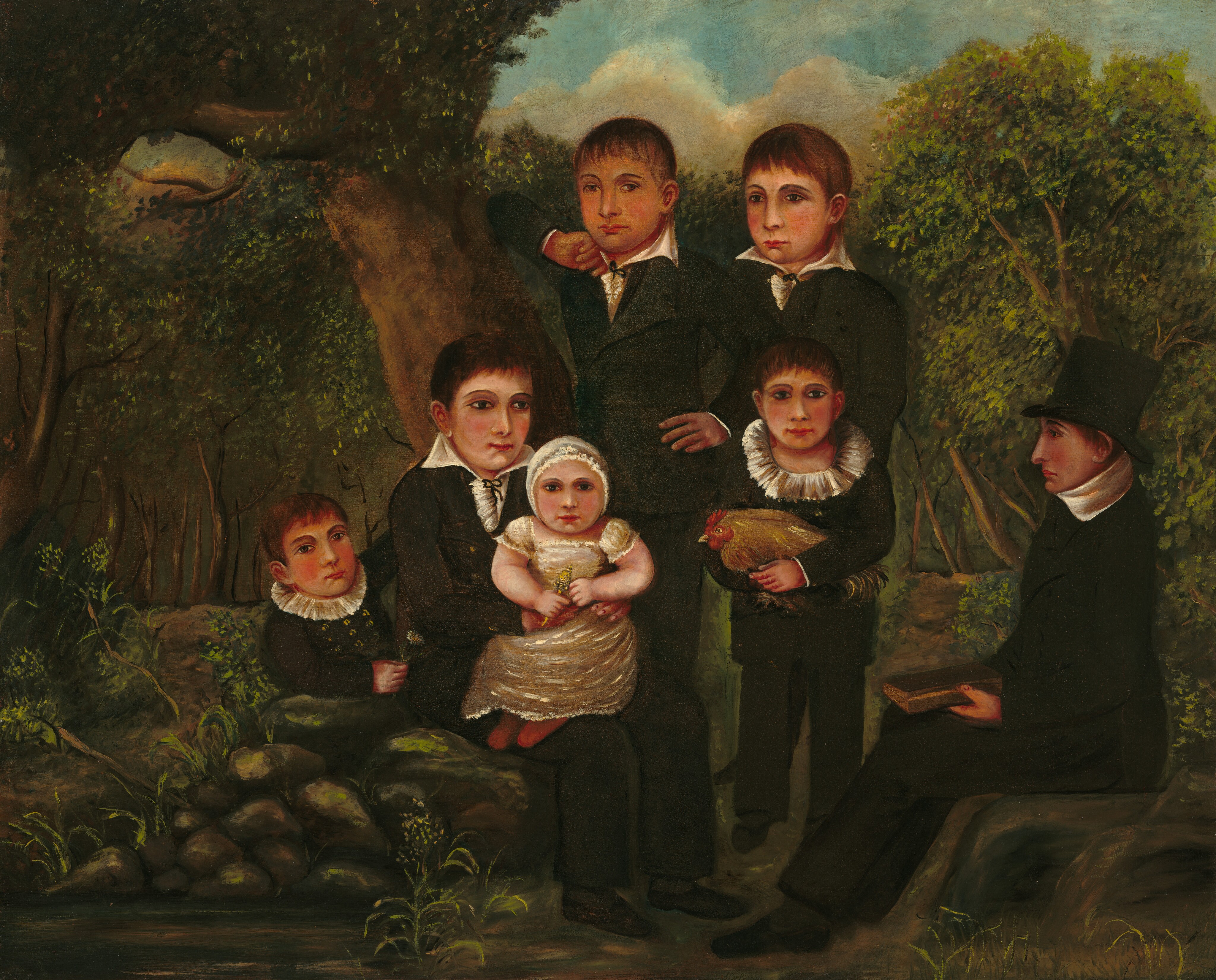 This painting features seven individuals in a group portrait outdoors. Some sit while others stand, facing us. On the right appears to be an adult man wearing a black top hat and a black suit with a white collar, holding a book on his lap. He faces the left, towards the other six people. Those people appear to be children of different ages. There are three older boys wearing black suits over white collared shirts, while there are two younger looking boys with ruffled collars on their back shirts. Seated on the lap of one of the older boys appears to be a baby wearing a white bonnet and a white dress. All of the people have pale skin and short brown hair. The setting is rustic, with a backdrop of dark green trees, a blue sky, and a flowing stream with dark gray rocks on the left.