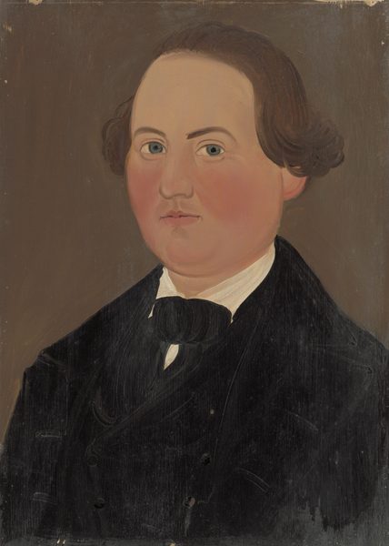 The image depicts the upper body of a person seated upright. Their face is turned towards the viewer, showing fair skin, rounded facial features, light-colored eyes, fine eyebrows, full lips, and brown, curly hair styled back. The person is wearing a dark jacket, waistcoat, white shirt, and a black cravat. The background is a plain, muted brown color.