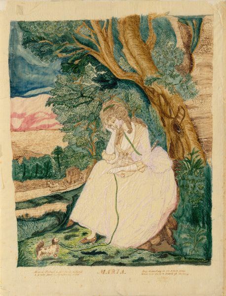 The image shows a seated woman leaning against a tree trunk. She is in a reclining pose with her head resting on one hand and her eyes closed or looking downward. She has delicate facial features and long curly hair tied with a headband. The woman wears a flowing white gown with visible folds and a hint of decoration. Beside her is a small dog. The background features lush trees, a blue sky, and a small carriage in the distance.