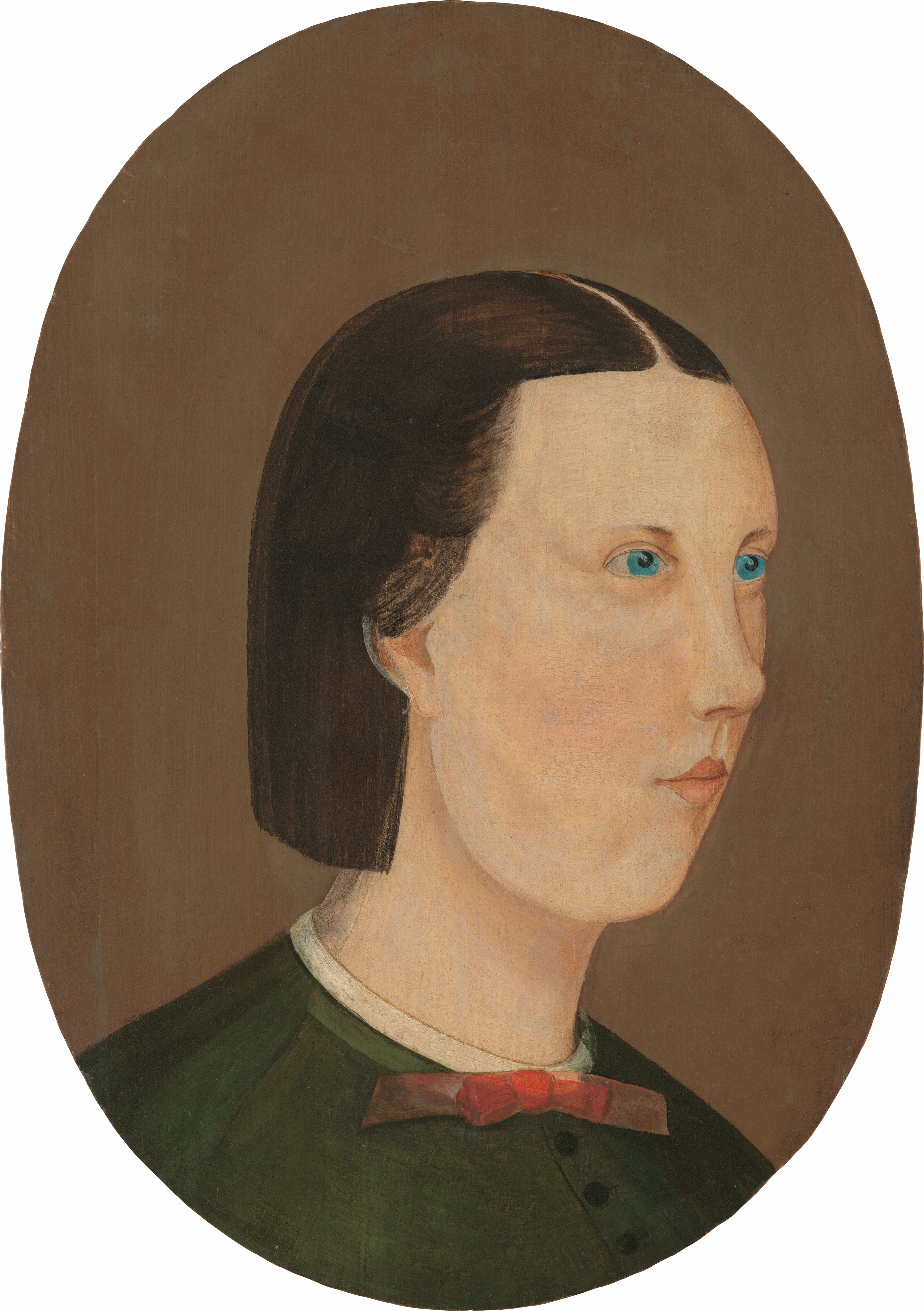 The image is a portrait showing the head and shoulders of a person, positioned in profile, facing to the right. The person has light skin, blue eyes, subtly pursed lips, and dark brown hair styled in a bob. They are wearing a dark green garment with a white collar and a red bow. The background is solid brown.