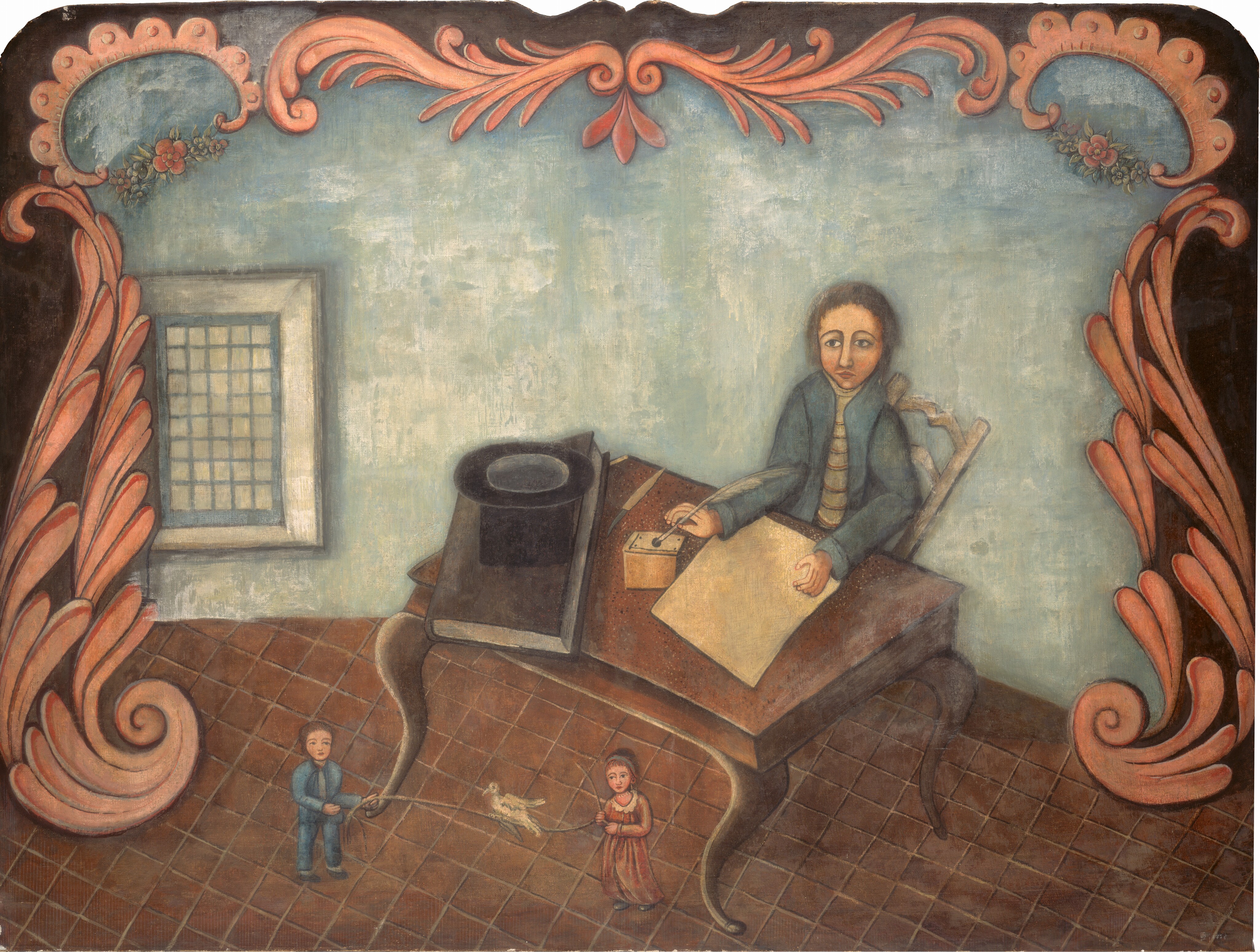 This painting depicts a person seated at a wooden table. Their torso and arms are visible as they lean forward, with one arm resting on a piece of paper and the other dipping a feather quill into an inkwell. The person has pale skin, a long nose, arched eyebrows, small red lips, and short dark hair. They are wearing a blue coat over a light-colored shirt with thin, vertical red-and-black stripes. Also on the wooden table are a small knife and a large brown book with a black top hat resting on it. In front of the table, a small boy and a girl are playing on the patterned floor. They are each holding the ends of a long string that has a white bird perched on it. Both children have pale skin and brown hair, and the boy on the left wears a blue coat and trousers while the girl on the right wears a red dress. The background is a light blue wall with a window on the left side. The wall and floor seem to be slightly curved.  Elaborate orange-and-pink decorative scrollwork frames the scene along the top and sides against a black background.