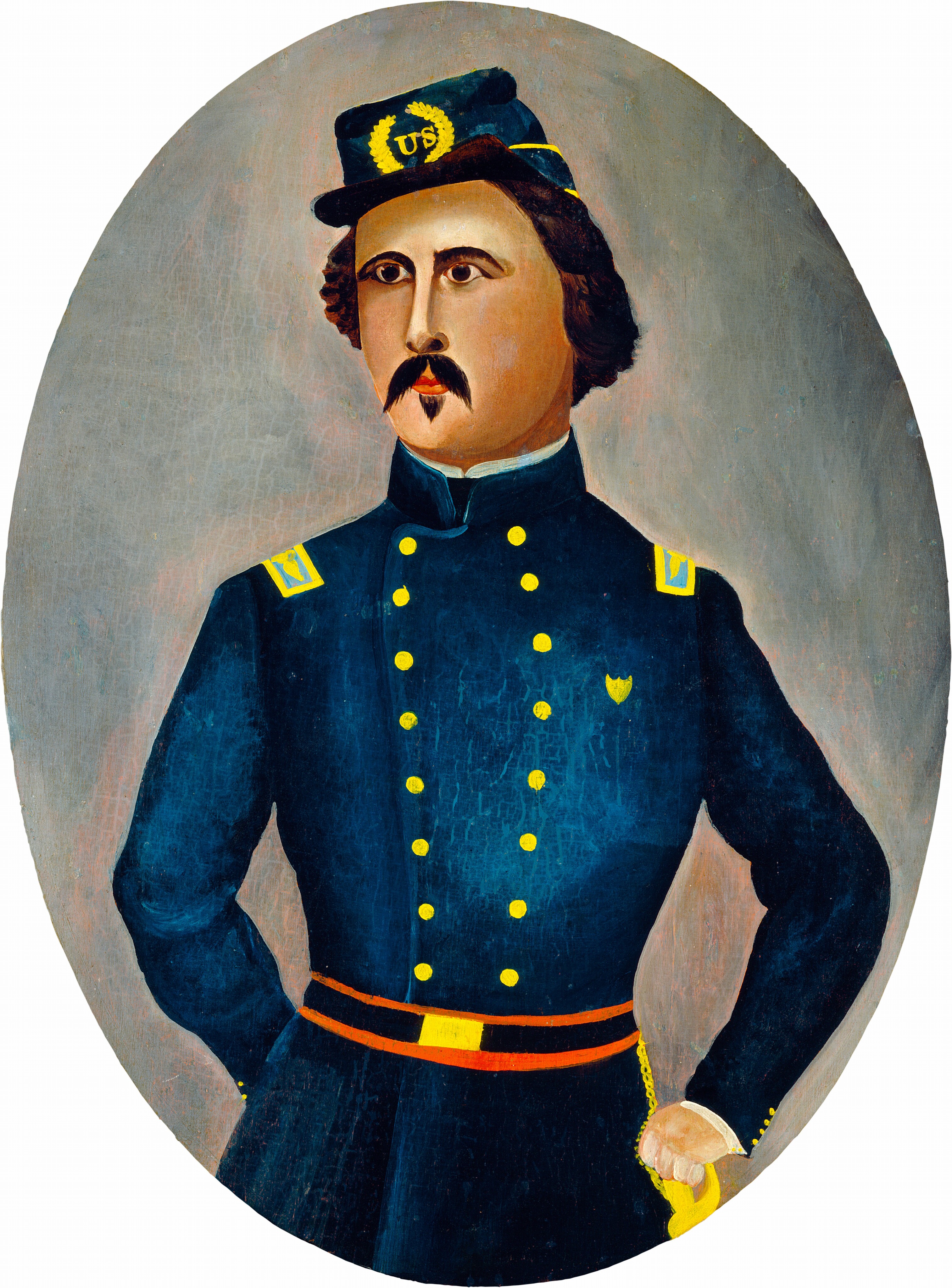 The image depicts a half-length portrait of a person shown from the waist up. The individual is standing with a confident posture, one hand positioned at their waist. Their facial features include a prominent mustache and pointed beard, with slightly arched eyebrows and a direct gaze. The person's hair is a dark shade, styled close to the head and visible beneath their hat. They are wearing a dark blue military uniform adorned with yellow buttons and shoulder insignia, along with a yellow and red belt. The hat is also dark blue with a yellow emblem that has the letters "US," circled by a decorative design. The person also wears yellow gloves on their hand. The background of the image is a muted, textured surface in shades of gray.