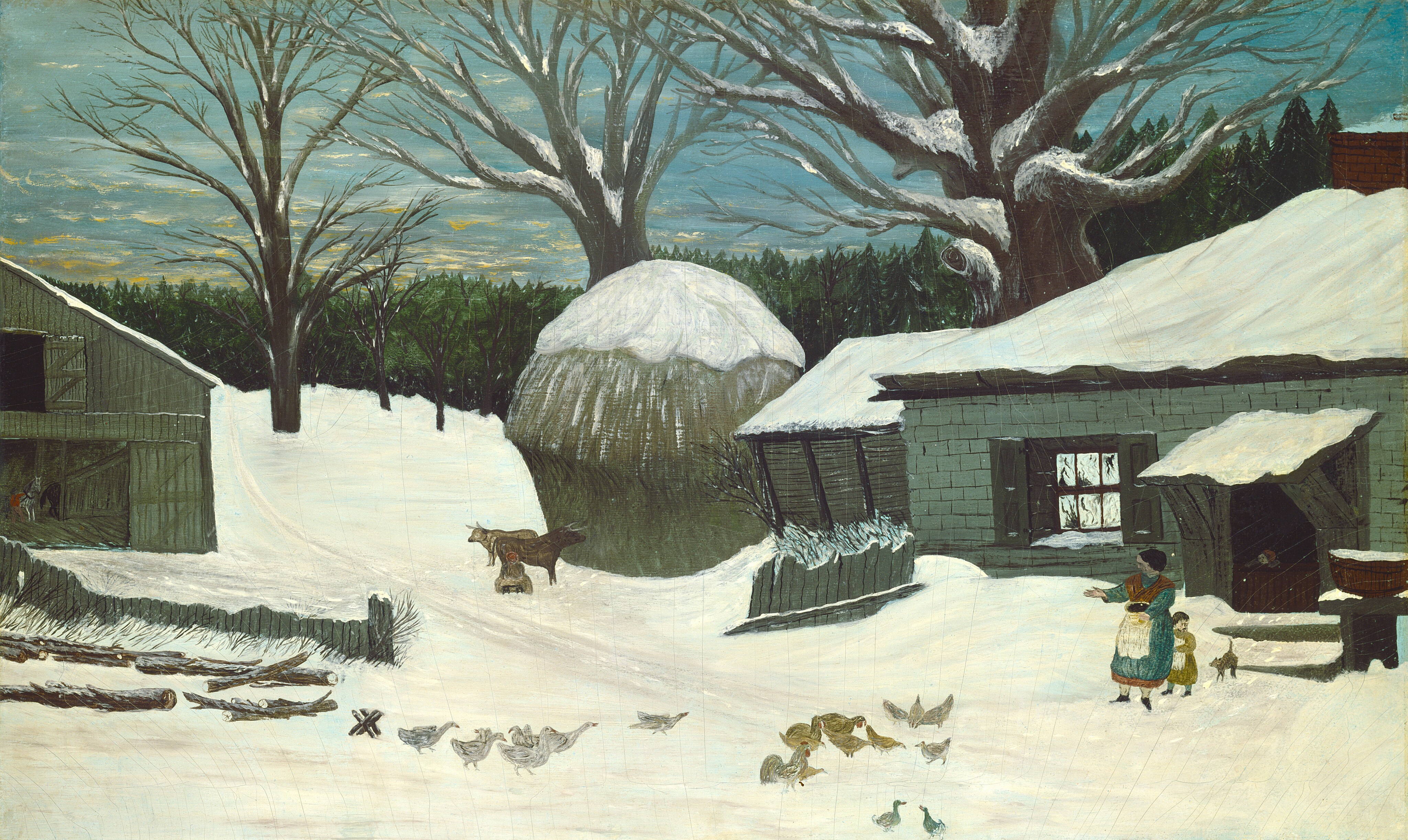 The painting depicts a winter scene. The horizon is in the top third of the image, with a line of dark evergreen trees below a sky of soft blues and hints of yellow. Closer to us, a flat expanse of land with several buildings on it is covered in snow. A woman and child on the right stand near a house with chickens nearby. The chickens fill the snow, and the woman is turned to the left, one arm outstretched towards them and the other holding a large bowl. The child is behind her legs, looking back at a small cat or dog that stands on the right. The woman and child are in front of a low, blue-gray stone building with a roof covered in snow. Another child looks out from inside the building. On the left, past the chickens, a wooden fence leads to a barn with two horses inside of it. In the center, two cattle stand next to a round shed or silo. Behind these buildings, leafless trees stand with snow on their branches. The color palette includes white, grey, green, and brown.