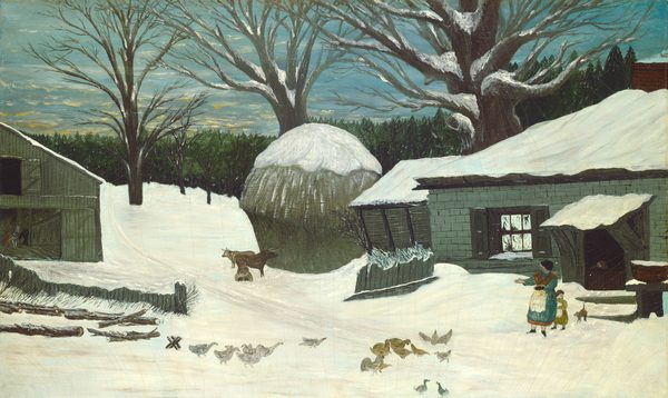 The painting depicts a winter scene. The horizon is in the top third of the image, with a line of dark evergreen trees below a sky of soft blues and hints of yellow. Closer to us, a flat expanse of land with several buildings on it is covered in snow. A woman and child on the right stand near a house with chickens nearby. The chickens fill the snow, and the woman is turned to the left, one arm outstretched towards them and the other holding a large bowl. The child is behind her legs, looking back at a small cat or dog that stands on the right. The woman and child are in front of a low, blue-gray stone building with a roof covered in snow. Another child looks out from inside the building. On the left, past the chickens, a wooden fence leads to a barn with two horses inside of it. In the center, two cattle stand next to a round shed or silo. Behind these buildings, leafless trees stand with snow on their branches. The color palette includes white, grey, green, and brown.