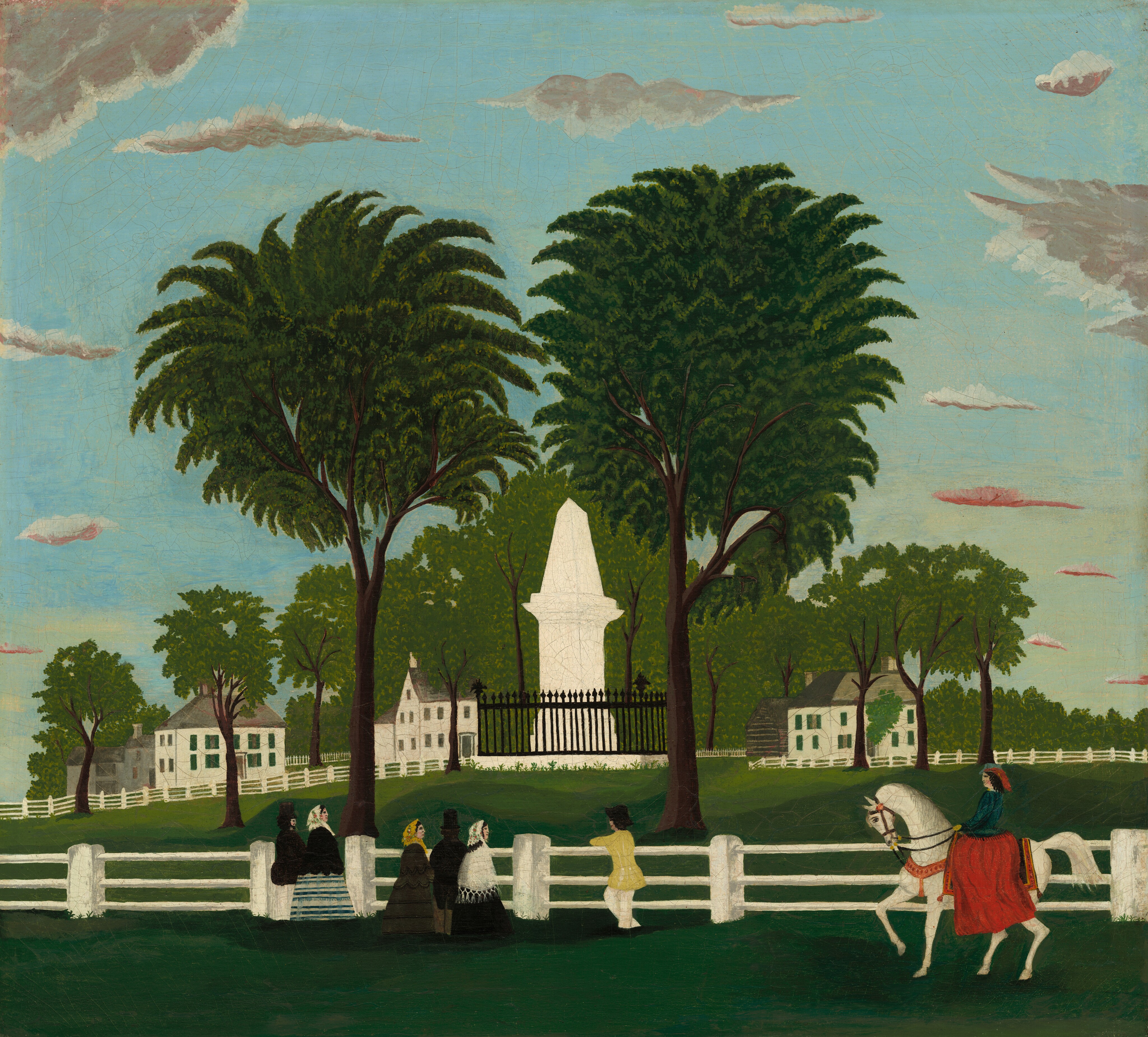 The image shows a woman riding a white horse along a path in a park. Several people in formal attire walk alongside. In the background, there is a well-maintained lawn with trees and a white monument surrounded by a black fence. The sky is blue with clouds. The color palette includes greens, blues, whites, blacks, and red.