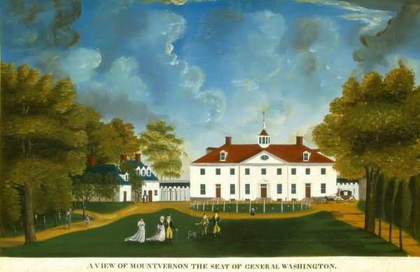 A three-storied, white manor house with a rust-red roof and wings extending off both sides sits across an emerald-green lawn lined with tall, sage and dark green trees in this horizontal painting. Straw-brown paths lead to the house from either side of the lawn, where they meet an oval-shaped path directly in front of the house. The grassy area inside the oval is cordoned off with posts and weighted chains. Closer to us, three men, two women, and a gray dog stand on the lawn. Two of the men wear uniforms with navy-blue, button-lined jackets with golden yellow epaulets and collars, dark, tricorn hats, and butter-yellow britches over black, knee-high boots. The third man wears a brown suit with a white collar. Both the women wear white dresses. One has a sky-blue sash around her waist and the other has a black shawl wrapped across her torso, and wears a white bonnet. Two light-skinned people, perhaps a man and a child, walk along the path to our left, wearing gray suits. Four people closer to the house have brown skin. One of them, a woman, stands at the front center of the oval path and other three men approach a door in the wing to our left. One of that trio carries a shovel over his shoulder, one a rake, and the other a staff. A carriage guided by a seated horseman and pulled by four horses enters the scene from our right. To our left and right, covered walkways connect the main house to the side wings. The wing to our right is mostly hidden by trees and cut off by the right edge of the painting. The wing to our left has a teal-blue roof, red brick chimneys, and the same white walls as the manor. The main house has a triangular pediment over the front door and chimneys to each side of the red roof. A spire-like lantern is at the center of the roofline, over the pediment. Faint, wispy white clouds billow against the azure-blue sky above. Centered at the bottom of the scene across a white margin are the words, “A VIEW OF MOUNT.VERNON THE SEAT OF GENERAL WASHINGTON.”