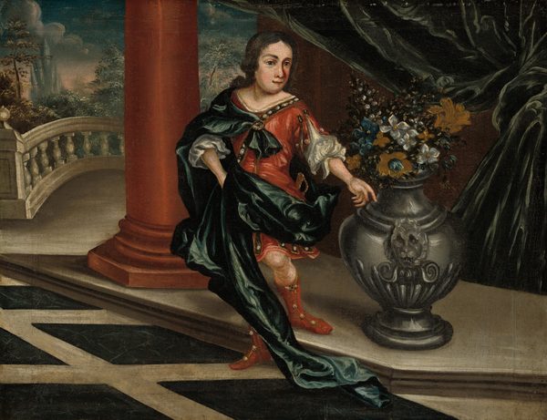 The image displays a young person standing next to a large, ornate vase filled with colorful flowers. The person has dark hair, rosy cheeks, and is wearing an elegant red outfit with a dark green cape. They have a large piece of jewelry on their chest and red footwear. The background features architectural elements and a large, flowing green drapery.