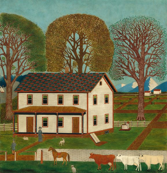 The image depicts a rural landscape with a two-story house seen from a high perspective. The house is on the left, and it has horizontal white paneling, a small brown porch, dark windows with green shades, and a tiled roof in shades of red, blue, and black. There are three tall trees behind the house, one with green leaves, one with yellow leaves, and one with sparse dark green leaves. In the distance on the right, there are flat green fields separated by brown paths, more white farmhouses, and pale blue mountains under the blue sky. Closer to us, at the bottom of the painting, two people, a man and a woman, stand in front of the house. They both have pale gray skin and wear formal blue clothing. Around them are various farm animals, including a rabbit, a dog, a cat, a horse, and three cows. There is a long white wall in front of the house and a fence behind it.