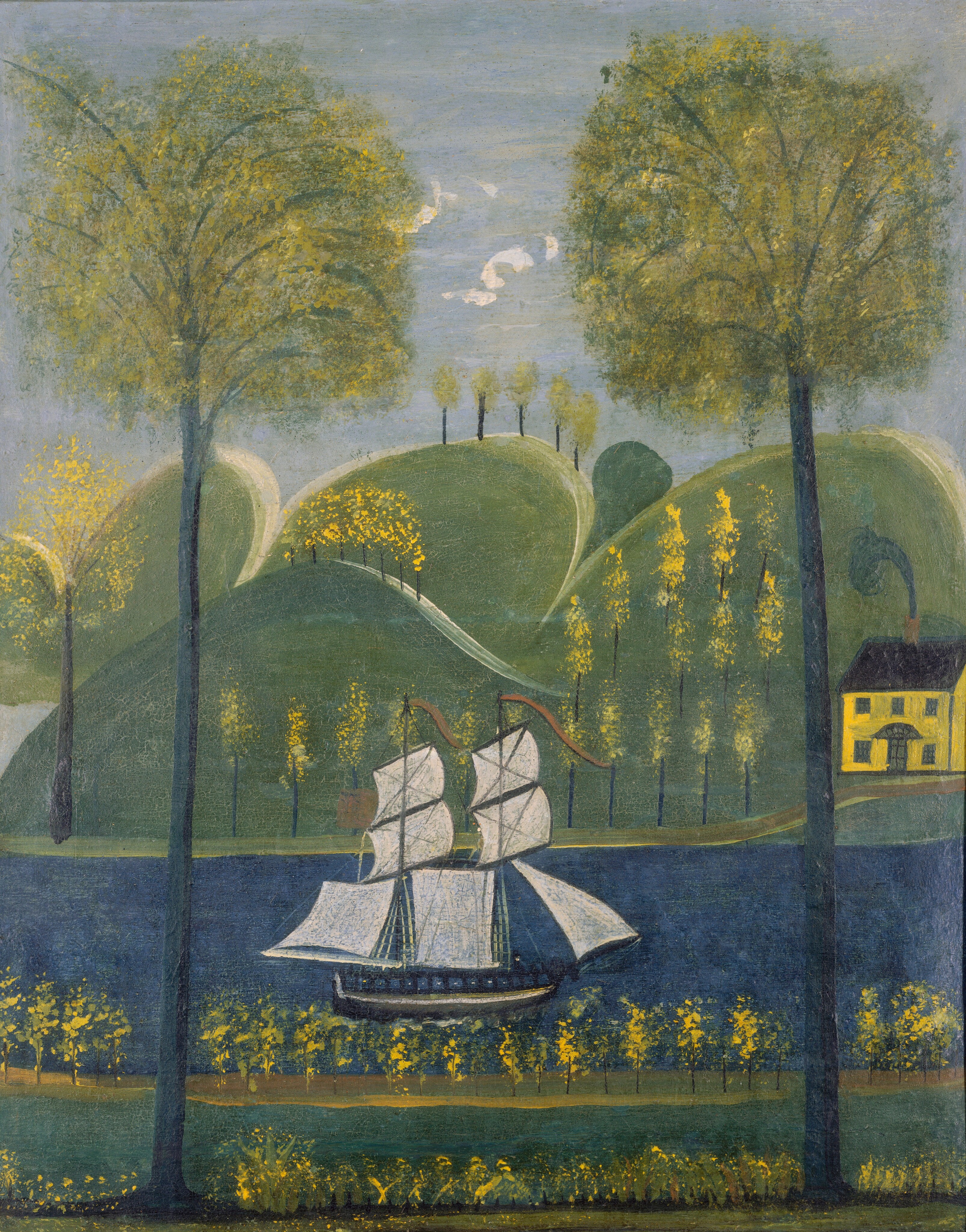 The painting depicts a landscape with a river, curving hills, and tall trees. A sailing ship with furled sails moves along the river in the center, surrounded by yellow foliage on either bank. In the background, sparse trees line the horizon under a blue sky with wispy white clouds. On the right, we see a yellow house on the edge of the water, smoke coming from the chimney. The color palette is muted, consisting of soft greens and blues with pops of yellow and white.