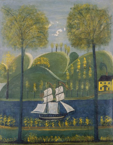 The painting depicts a landscape with a river, curving hills, and tall trees. A sailing ship with furled sails moves along the river in the center, surrounded by yellow foliage on either bank. In the background, sparse trees line the horizon under a blue sky with wispy white clouds. On the right, we see a yellow house on the edge of the water, smoke coming from the chimney. The color palette is muted, consisting of soft greens and blues with pops of yellow and white.