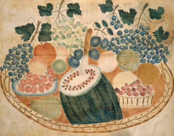 The image shows a large cut watermelon in a woven basket surrounded by various fruits including grapes, peaches, and small round red fruits. The color palette includes greens, blues, oranges, and browns. The basket takes up most of the space and is filled with fruits, with grape clusters hanging above it.