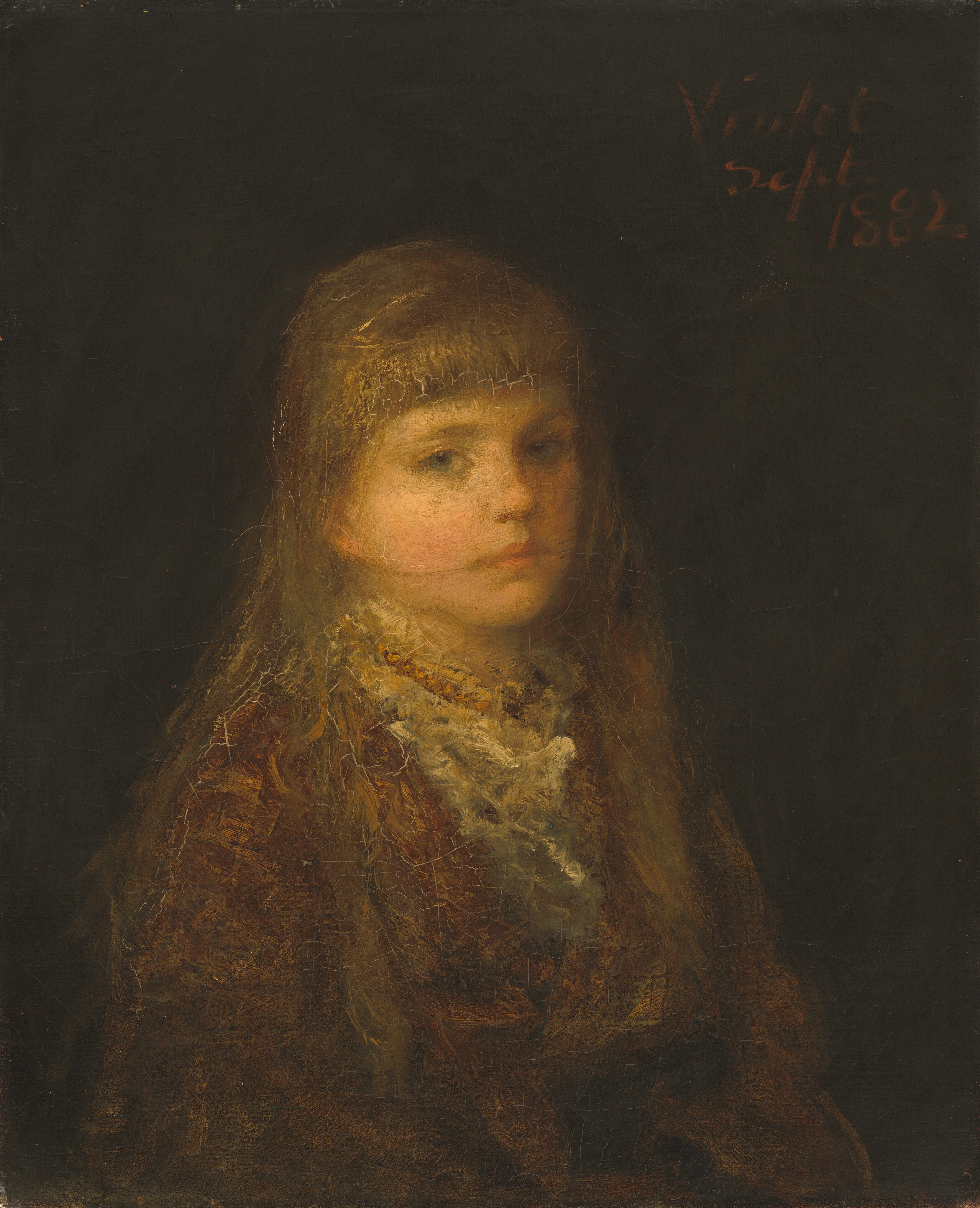 The image displays a portrait of a young girl with fair complexion and light brown, textured hair. She is wearing a textured garment, possibly in brown tones, with a white collar. The background is dark, contrasting with her features and clothing. The painting is signed "Violet" and dated "Sept 1882" in the upper right corner.