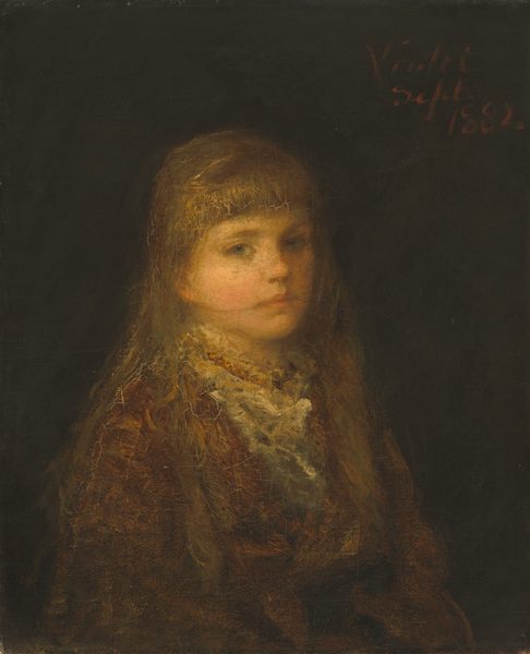 The image displays a portrait of a young girl with fair complexion and light brown, textured hair. She is wearing a textured garment, possibly in brown tones, with a white collar. The background is dark, contrasting with her features and clothing. The painting is signed "Violet" and dated "Sept 1882" in the upper right corner.