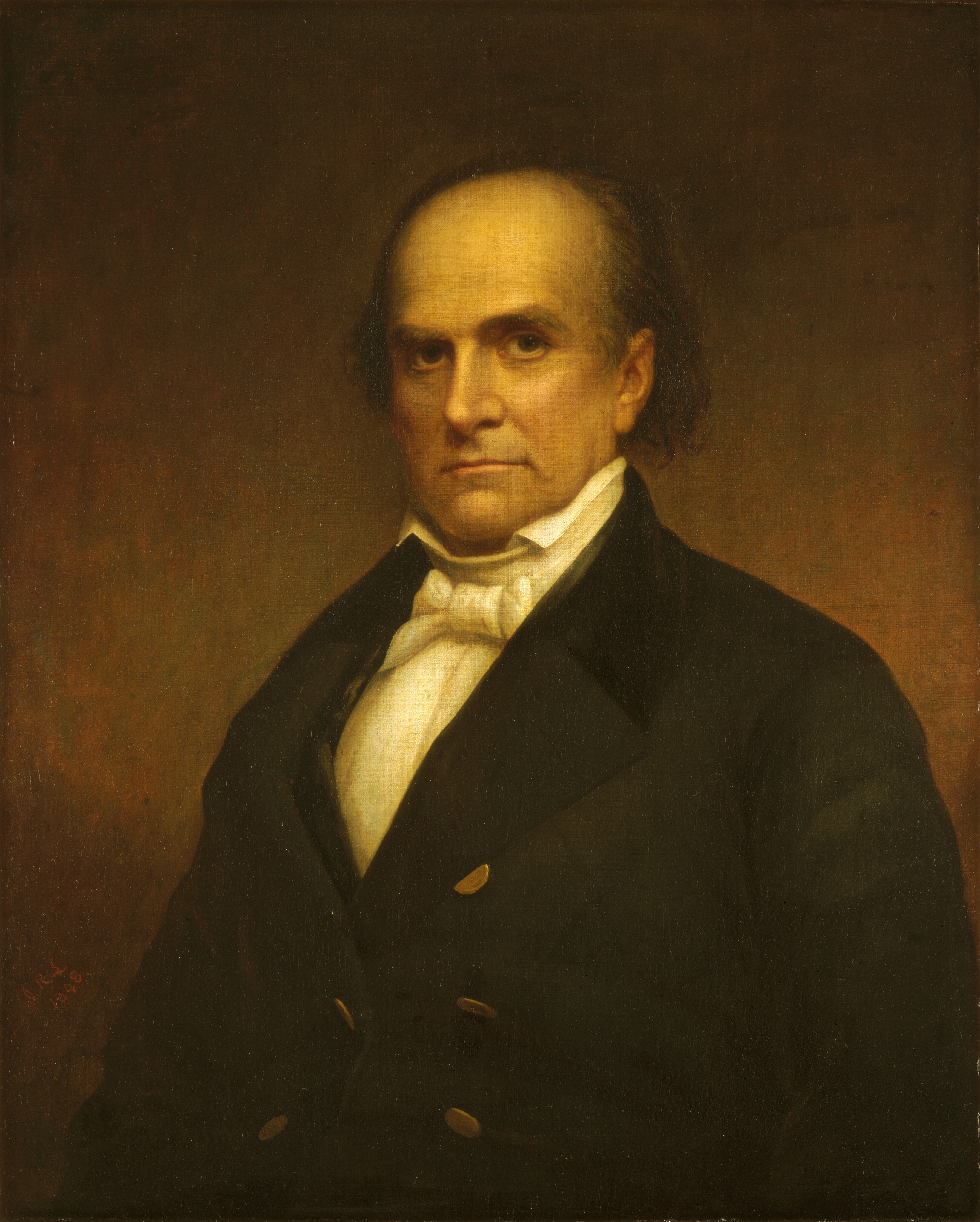 The image shows an upper-body portrait of a person seated in a slightly turned position, looking directly at the viewer. The person has distinctive facial features, including a strong brow, deep-set eyes, a straight nose, and a firm mouth. Their hair is dark and receding, with tufts visible on the sides. They wear a formal outfit with a high-collared white shirt, a cravat, and a dark suit with wide lapels and two visible buttons. The background is plain, dark, and subtly gradient, emphasizing the person in the foreground. There is no jewelry or objects held by the person. The artwork is done in a classic, historical style against an indistinct brown backdrop.