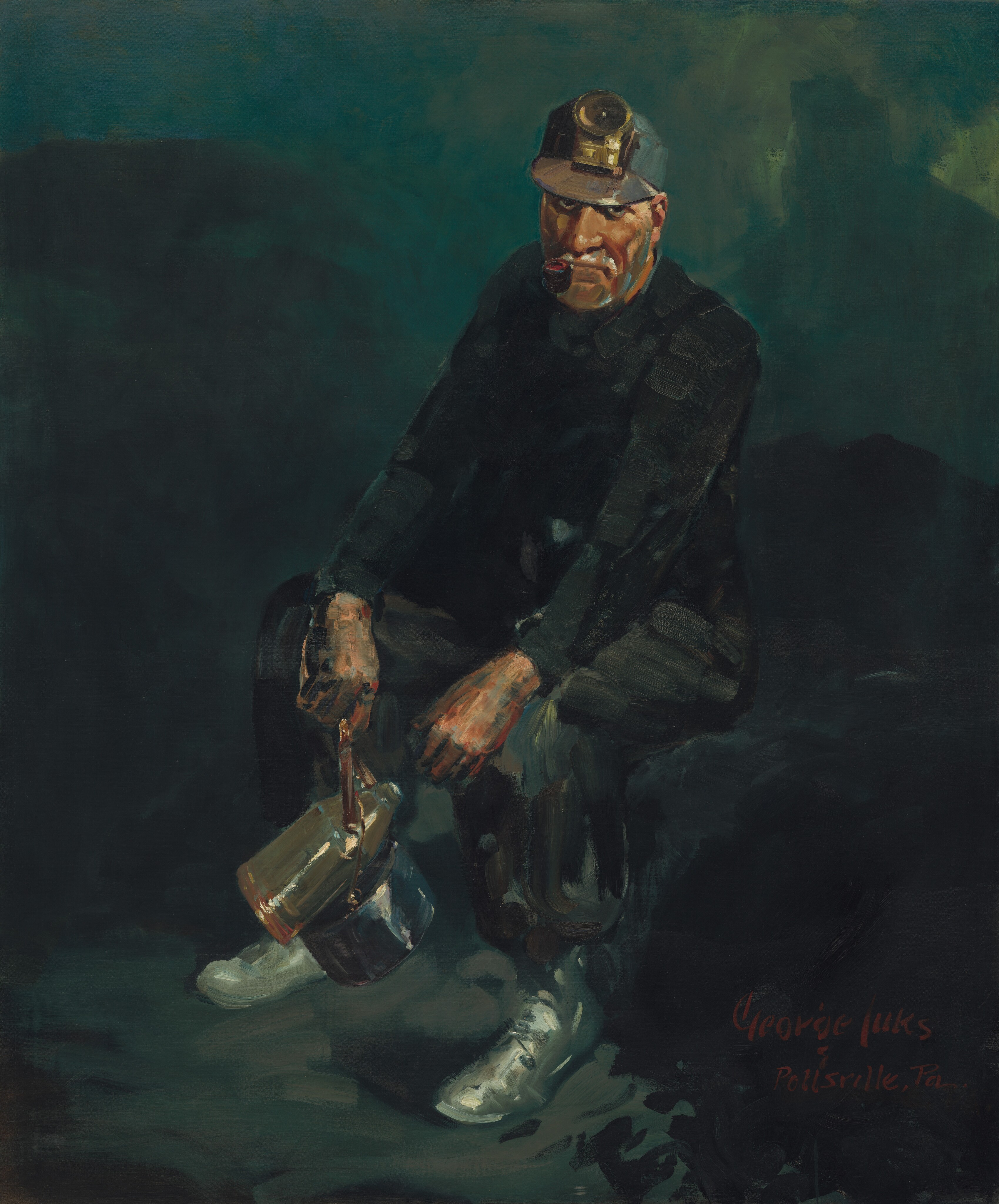 This painting depicts a man seated on a dark surface with his body facing the left, looking out at us from under the brim of his hat. He has light skin and a white mustache, and he wears dark clothing and white shoes. His gray cap has a golden headlamp on it, and a pipe is clamped in his thin, downturned mouth. His hands are dirty, covered in streaks of black and gray, and he holds a silver pail with a metal container on it. The background is a blend of black, gray, and dark blue.