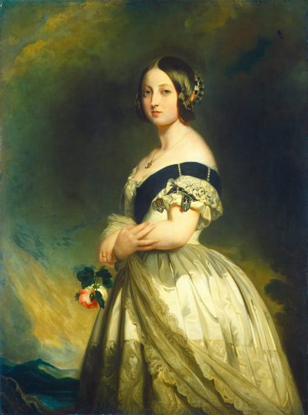 This painting depicts a woman in a three-quarter view, capturing her upper body, arms, and voluminous dress. She has her body turned to the left but is looking directly at us with a neutral expression. Her skin is pale, her eyes are blue, and her slightly parted lips are red. Her hair is styled in a middle part and gathered in two braids that lead into a bun, around which is a silver crown or tiara. She wears an ornate gown with a fitted white bodice adorned with lace and silver embellishments on the sleeves. Across her chest is a dark blue sash that has two rows of small gems. Her hands are crossed near her waist, and she holds a pink rose with green leaves in one hand. Her arms also gather up the long lace train of her white skirt. She wears a gold pendant around her neck. The background of the painting shows a dramatic sky filled with large yellow and green clouds.