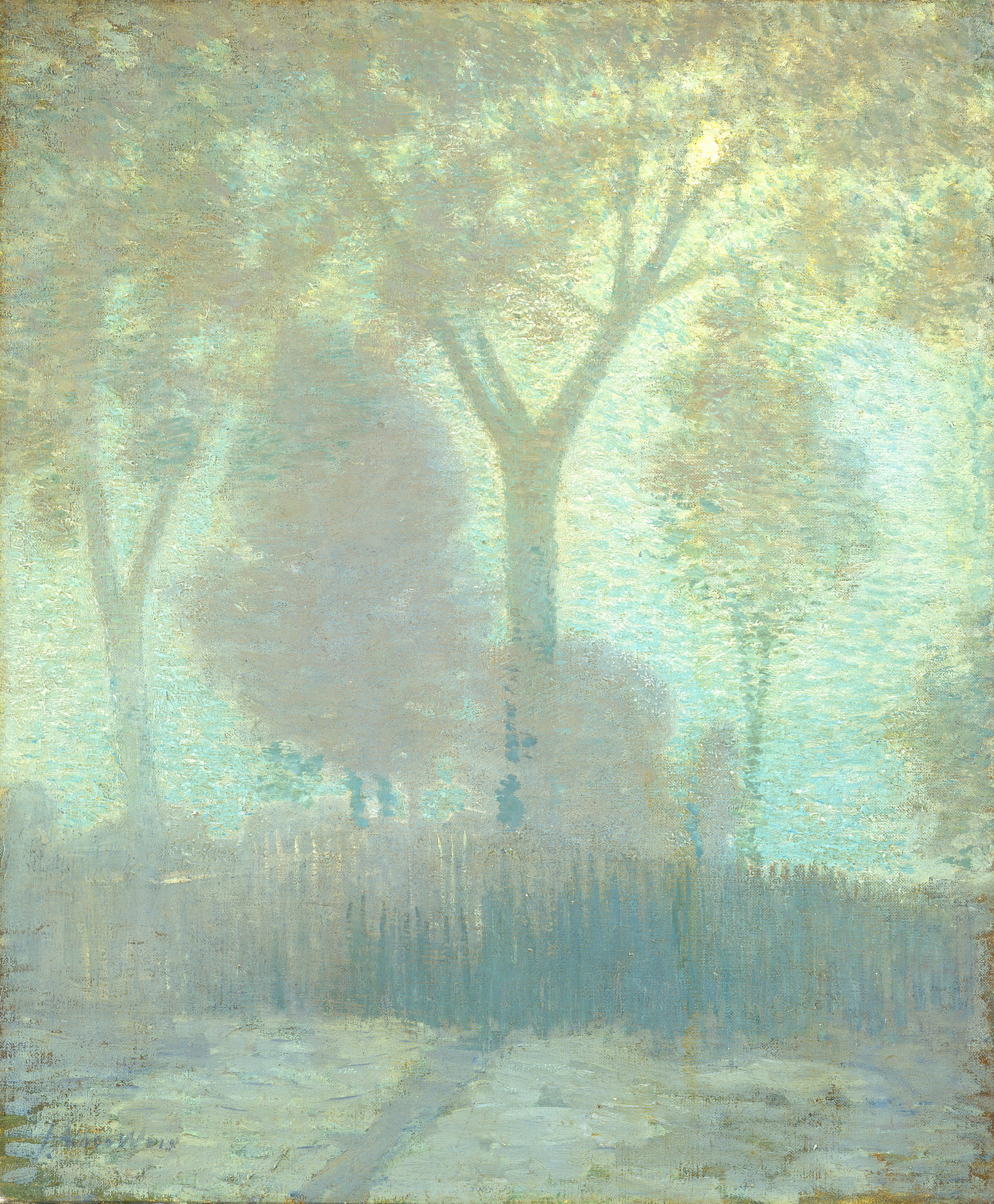 This painting shows a cluster of trees against a bright sky in shades of pale yellow and pale seafoam green. Closest to us, a green-gray path stretches horizontally next to tall teal and blue grasses. The gray shadow of a tall tree crosses over the path. The trees occupy the top two-thirds of the painting, and they are painted in shades of blue-green, gray, pale yellow, lilac, and a pale, reddish-pink hue. Near the top right corner, a pale-yellow light source is visible through the leaves and branches of the tree in the center. The brushstrokes in the painting are visible, and the short strokes of thick paint all go in the same direction. These brushstrokes, combined with the seafoam-green color palette, give the painting a soft, hazy look.