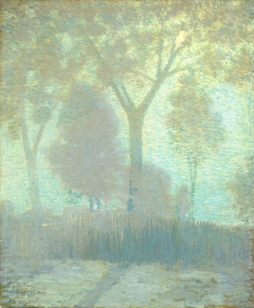 This painting shows a cluster of trees against a bright sky in shades of pale yellow and pale seafoam green. Closest to us, a green-gray path stretches horizontally next to tall teal and blue grasses. The gray shadow of a tall tree crosses over the path. The trees occupy the top two-thirds of the painting, and they are painted in shades of blue-green, gray, pale yellow, lilac, and a pale, reddish-pink hue. Near the top right corner, a pale-yellow light source is visible through the leaves and branches of the tree in the center. The brushstrokes in the painting are visible, and the short strokes of thick paint all go in the same direction. These brushstrokes, combined with the seafoam-green color palette, give the painting a soft, hazy look.