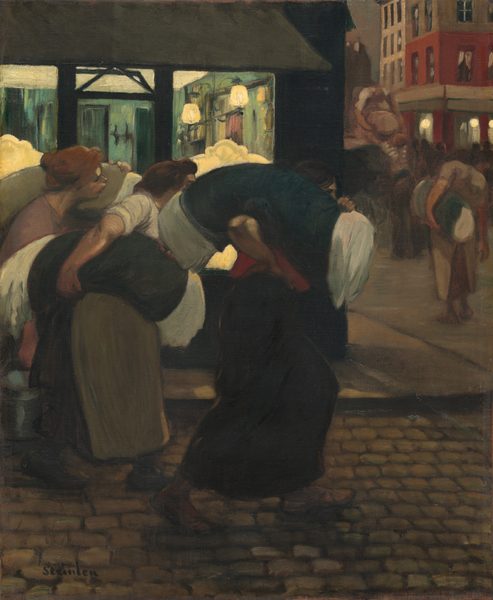 This is a painting of a dim street with several people carrying sacks. The people wear long skirts and aprons in dark colors, and their large sacks are filled with white cloth. The people are bent over under the weight of the sacks. They walk across a cobblestone street in front of a building with a lit interior and blue wallpaper. On the right side of the painting is another street with more buildings and a carriage where people appear to pass up their sacks to a person on top.