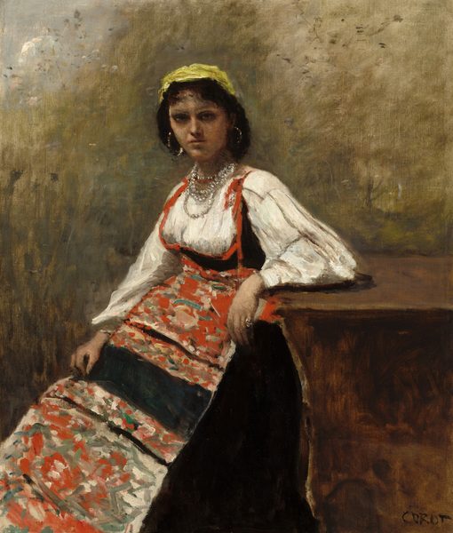 This painting shows a woman sitting, her body facing the left and her head turned to look at us, with one arm resting on a wooden surface on the right. She has dark hair partially covered by a bright yellow scarf or cap, light skin, deep-set eyes, pale eyebrows, and thin lips set in a neutral expression. She wears a white blouse with wide sleeves that is partially covered by a black bodice with a wide red neckline. Her skirt is black, although in the front she appears to be covered by a blanket or apron with colorful abstract designs in red, tan, and green, with some horizontal black stripes. She also wears large silver hoop earrings, multiple silver necklaces, and a silver ring on her hand. The background is a blend of muted green and brown tones, with a hint of pale blue in the upper left corner.