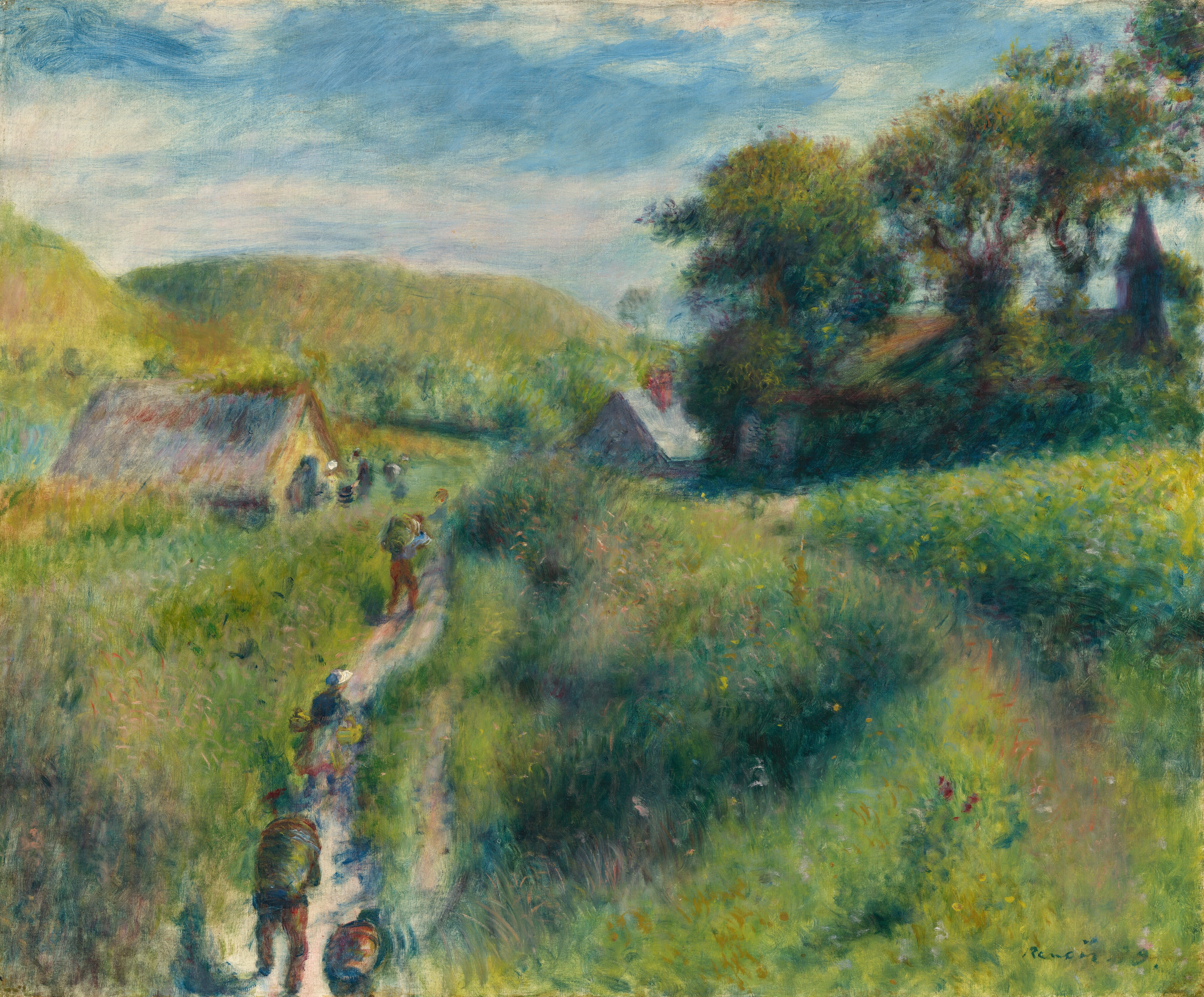 This painting shows a view from above, looking down a path on the left where several people walk away from us towards a house in the distance surrounded by lush green vegetation. The path is a light pink color, and it cuts through the long green grasses and tall pink and yellow flowers that fill most of the landscape. The people are indistinct, but they appear to carry large bundles or baskets on their backs. The building they head towards is small, with yellow walls and a pointed roof painted in shades of brown, pink, and blue. A similar structure with a red chimney and blue roof is visible to the right, next to a larger building with a pointed steeple. The larger building is mostly in shadow, surrounded by tall, green trees. In the background behind these buildings are rolling green hills under a soft blue sky with light clouds. The brushstrokes in the painting are small swirls and dashes of color, giving the painting a soft, hazy quality.